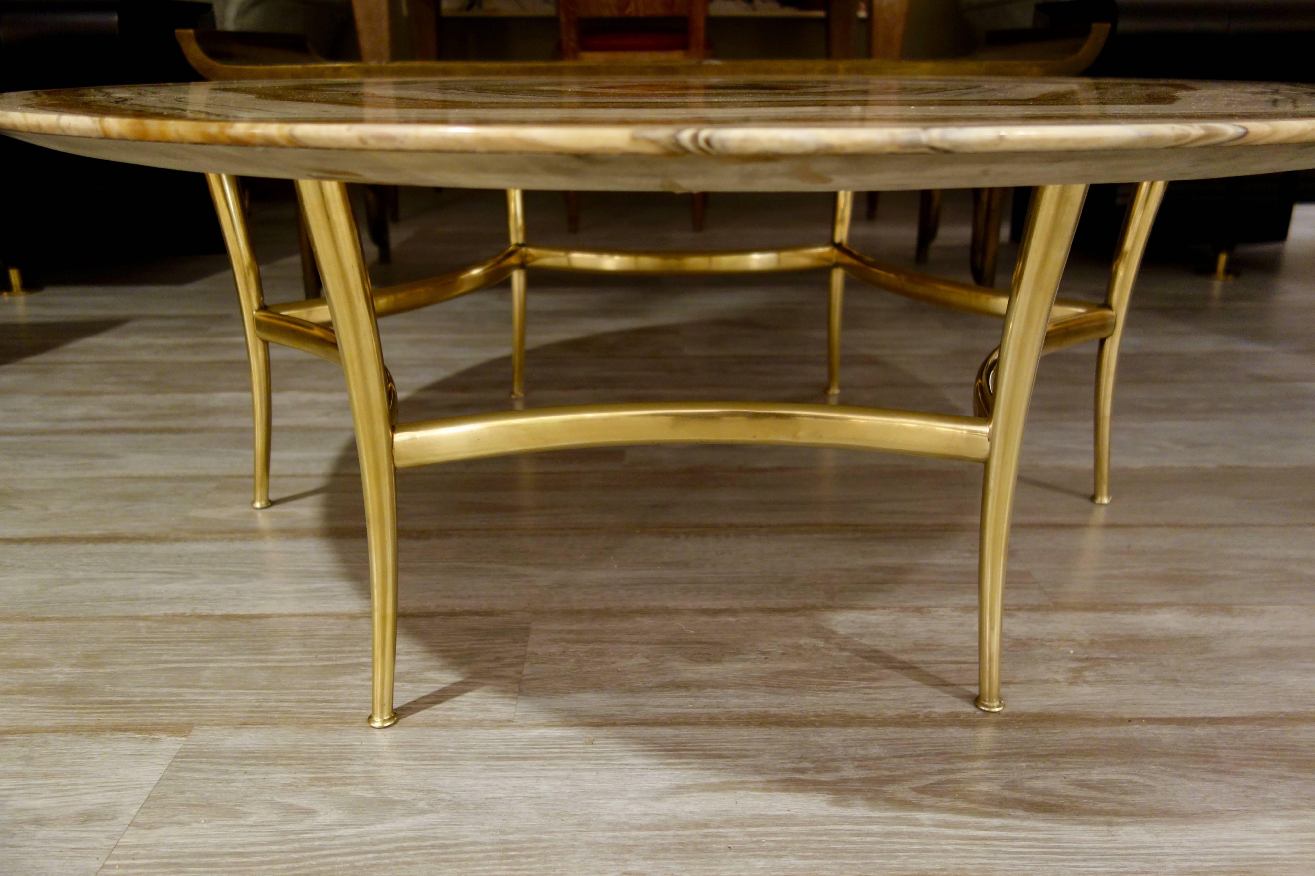Mid-Century Italian Beige, Cream and Gray Onyx and Brass Circular Cocktail Table 1