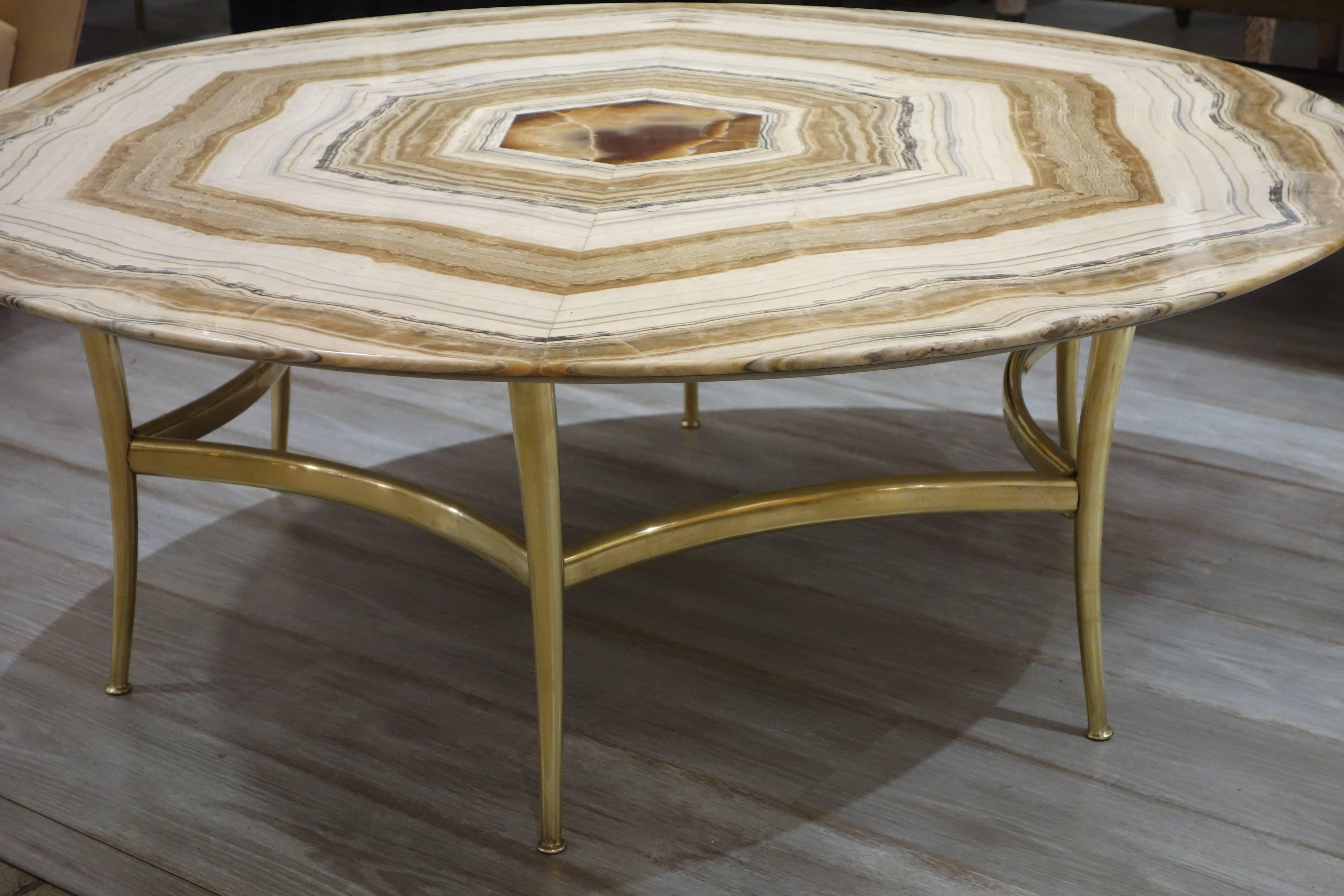 Mid-Century Italian Beige, Cream and Gray Onyx and Brass Circular Cocktail Table 2