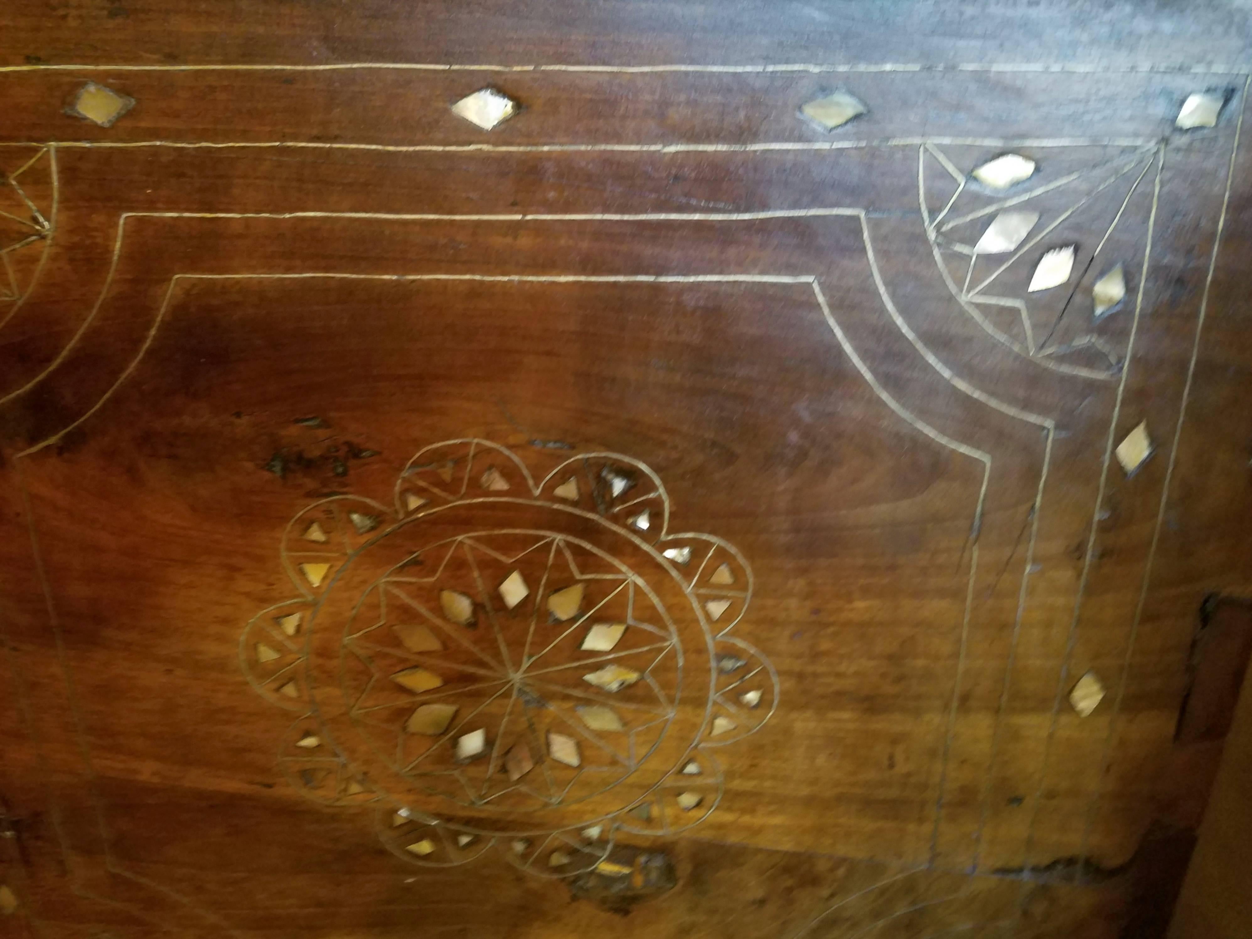 Large 19th Century Syrian Trunk with Mother-of-Pearl Inlay In Good Condition In New York, NY