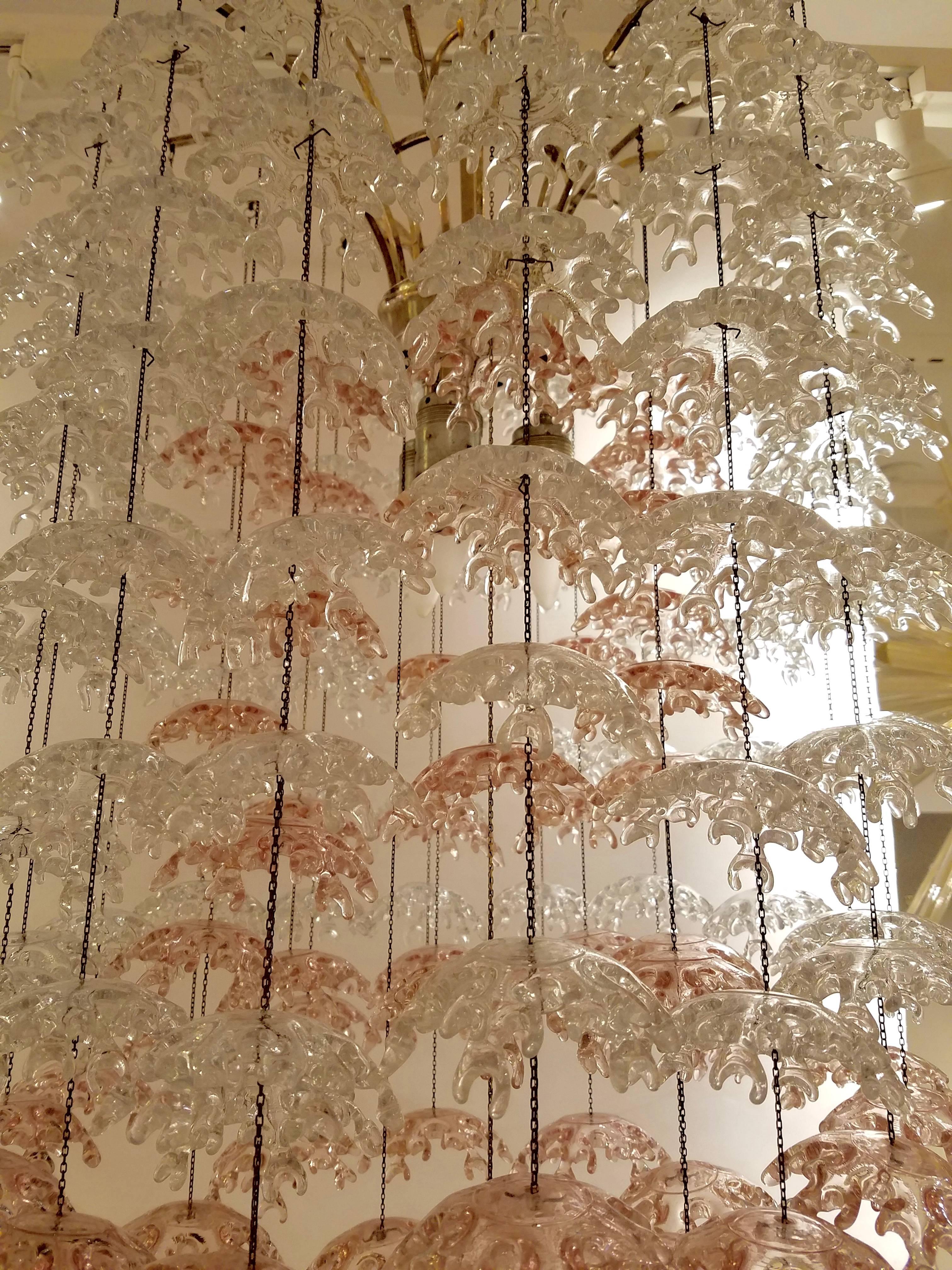 Mid-Century Modern Unique Italian Mid-Century Murano Clear and Blush Cascading Chandelier