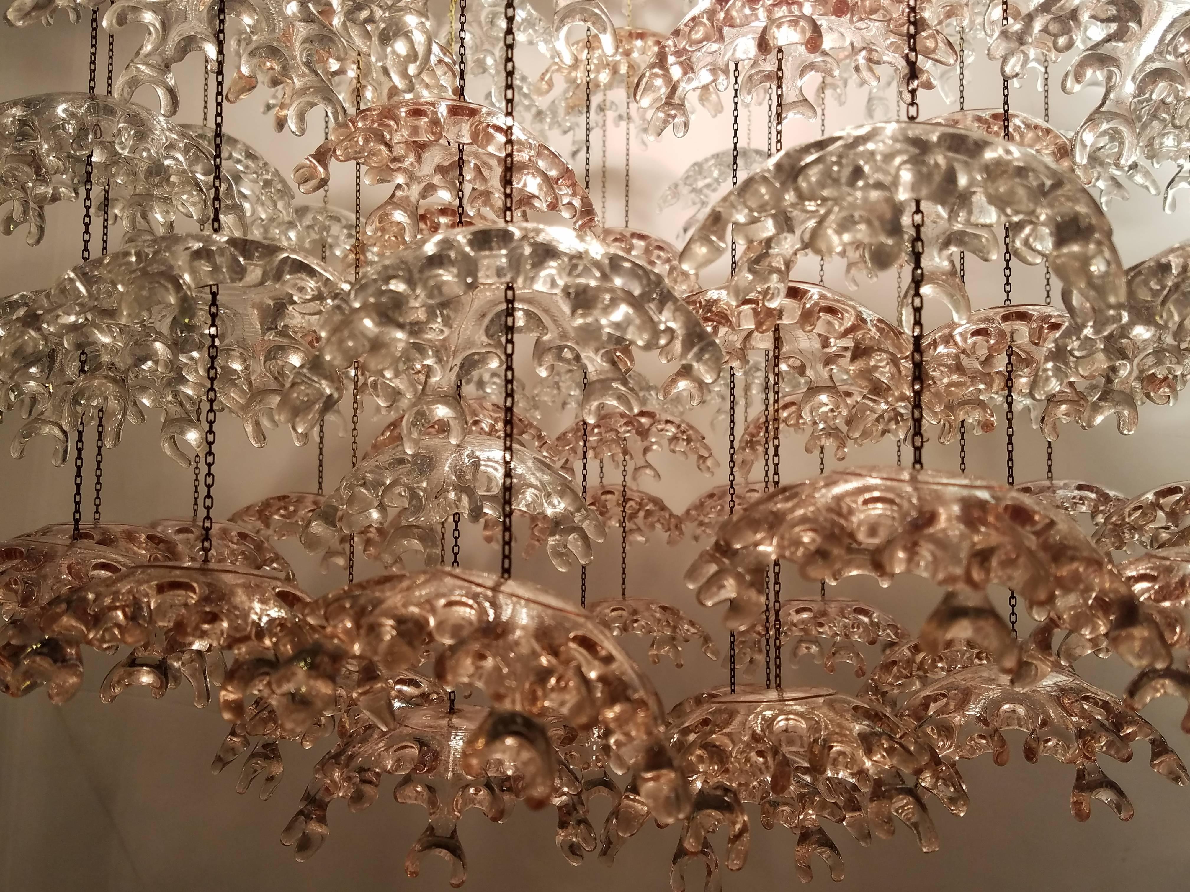 Unique Italian Mid-Century Murano Clear and Blush Cascading Chandelier In Excellent Condition In New York, NY