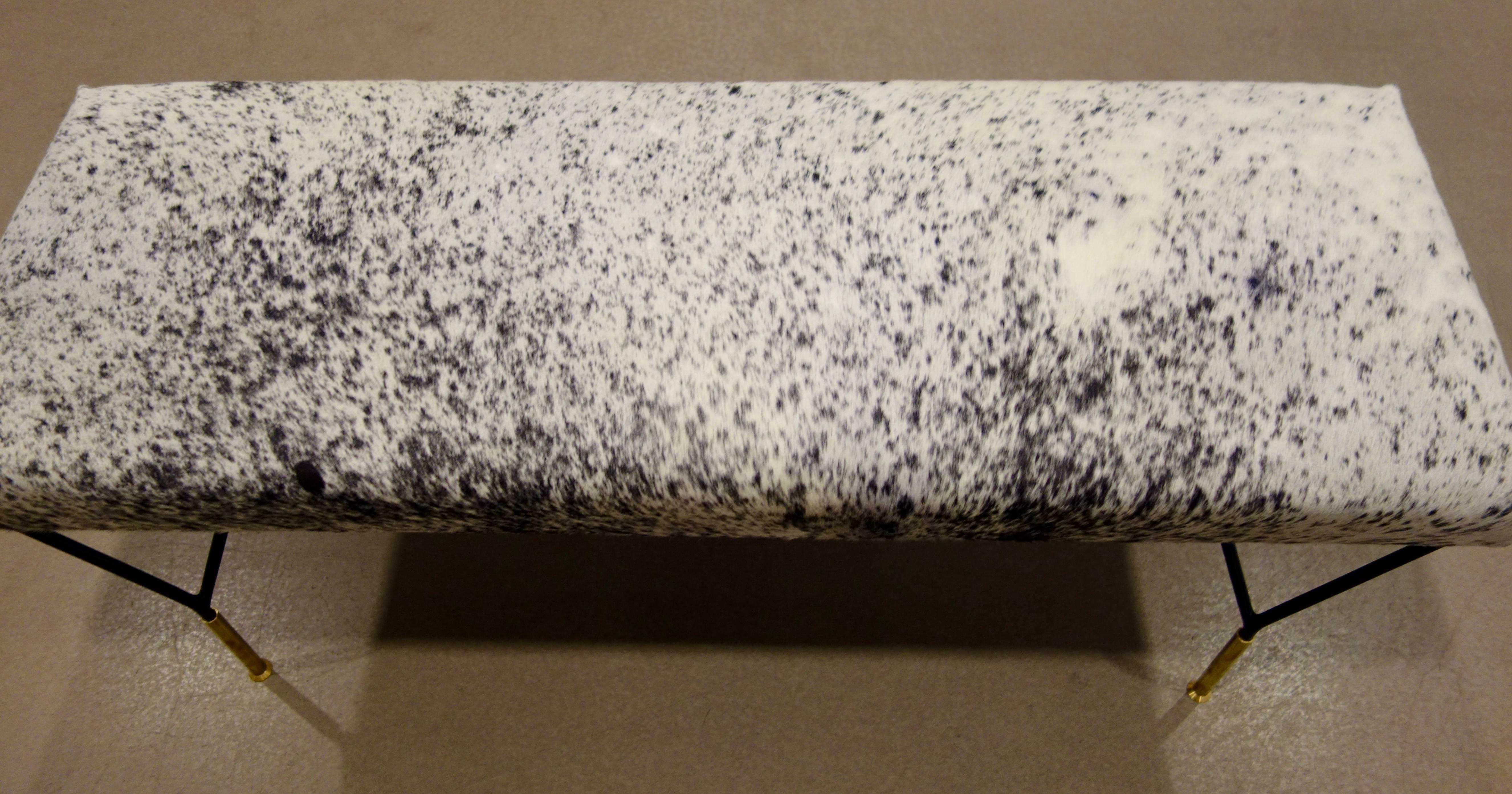 Mid-Century Italian Metal & Brass Bench in Black & White Cowhide, Pair Available In Excellent Condition In New York, NY