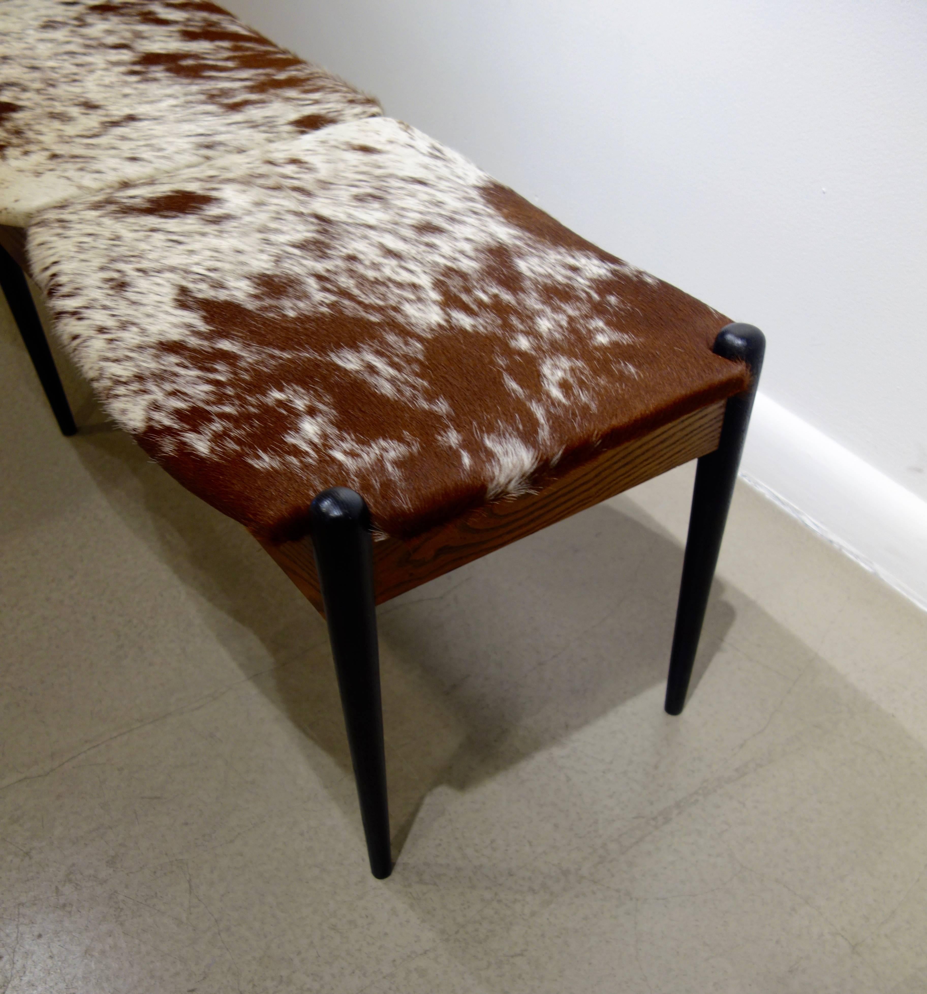 Mid-Century Modern Danish Three-Seat Ebonized & Oak Brown and White Cowhide Upholstered 1960s Bench