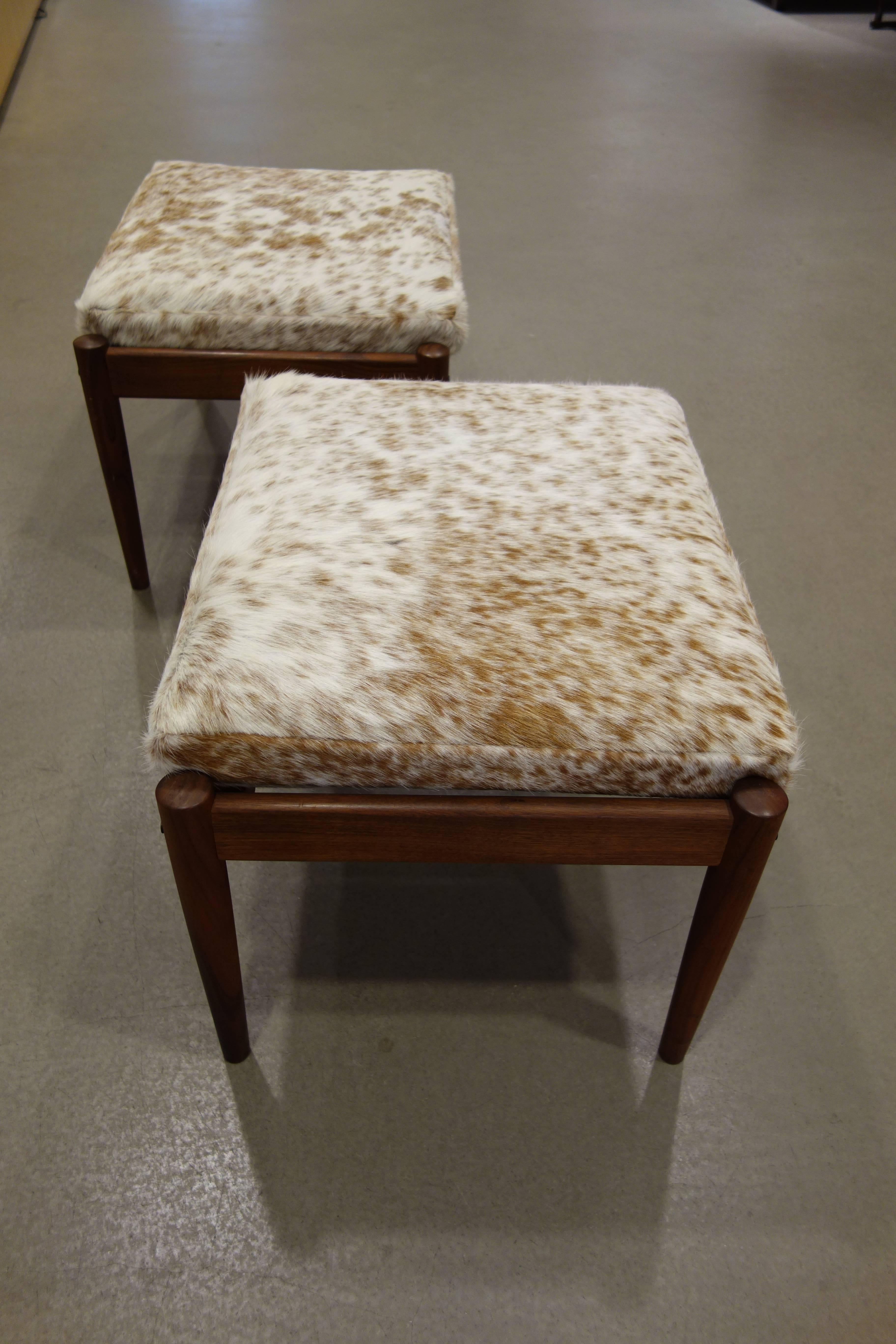 Pair Of Borge Jensen Danish Ottomans in Brown and White Cowhide For Sale 1