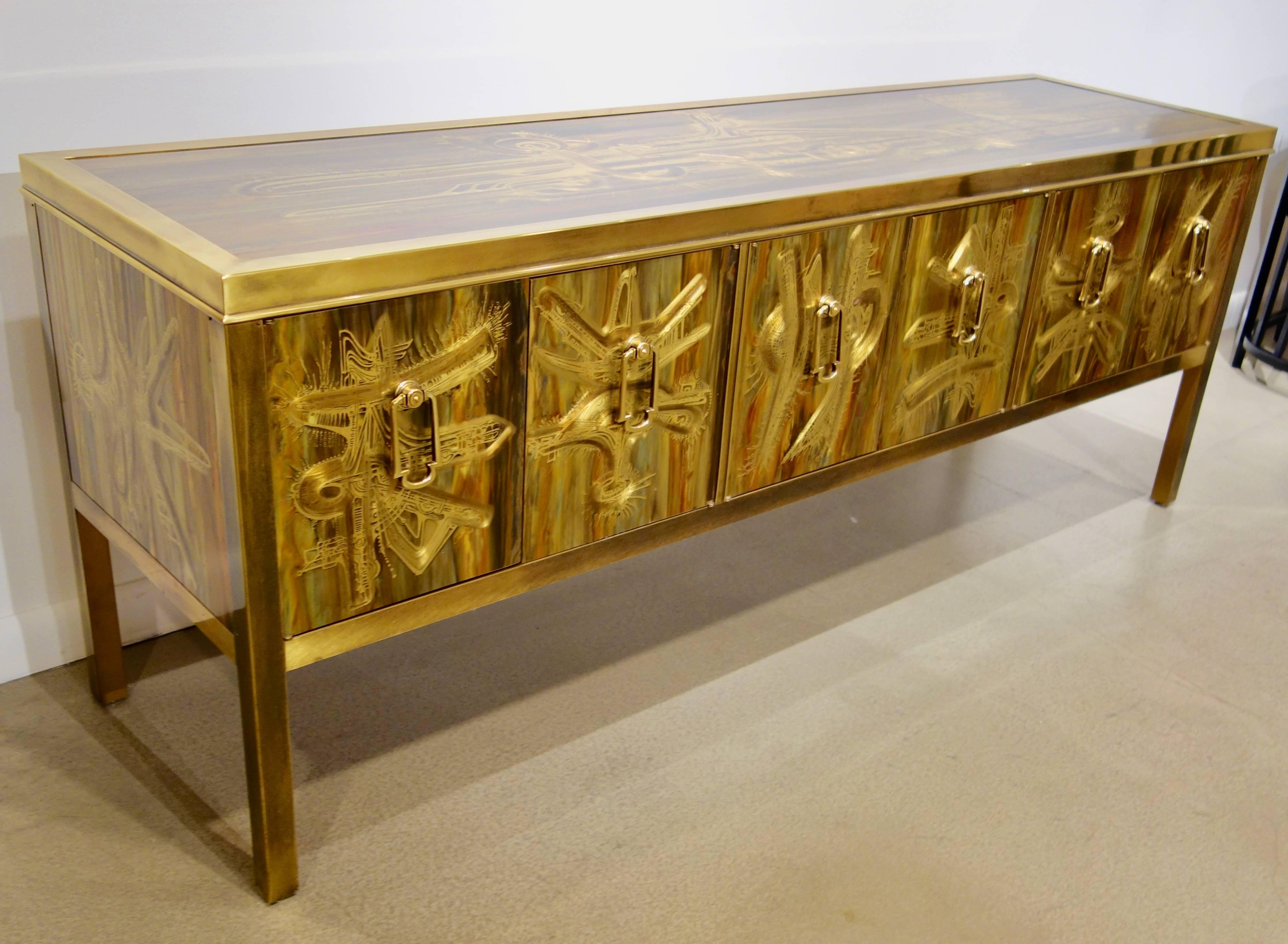 Mid-Century Modern Mastercraft Etched and Enameled Bronze Sideboard or Credenza by Bernhard Rohne