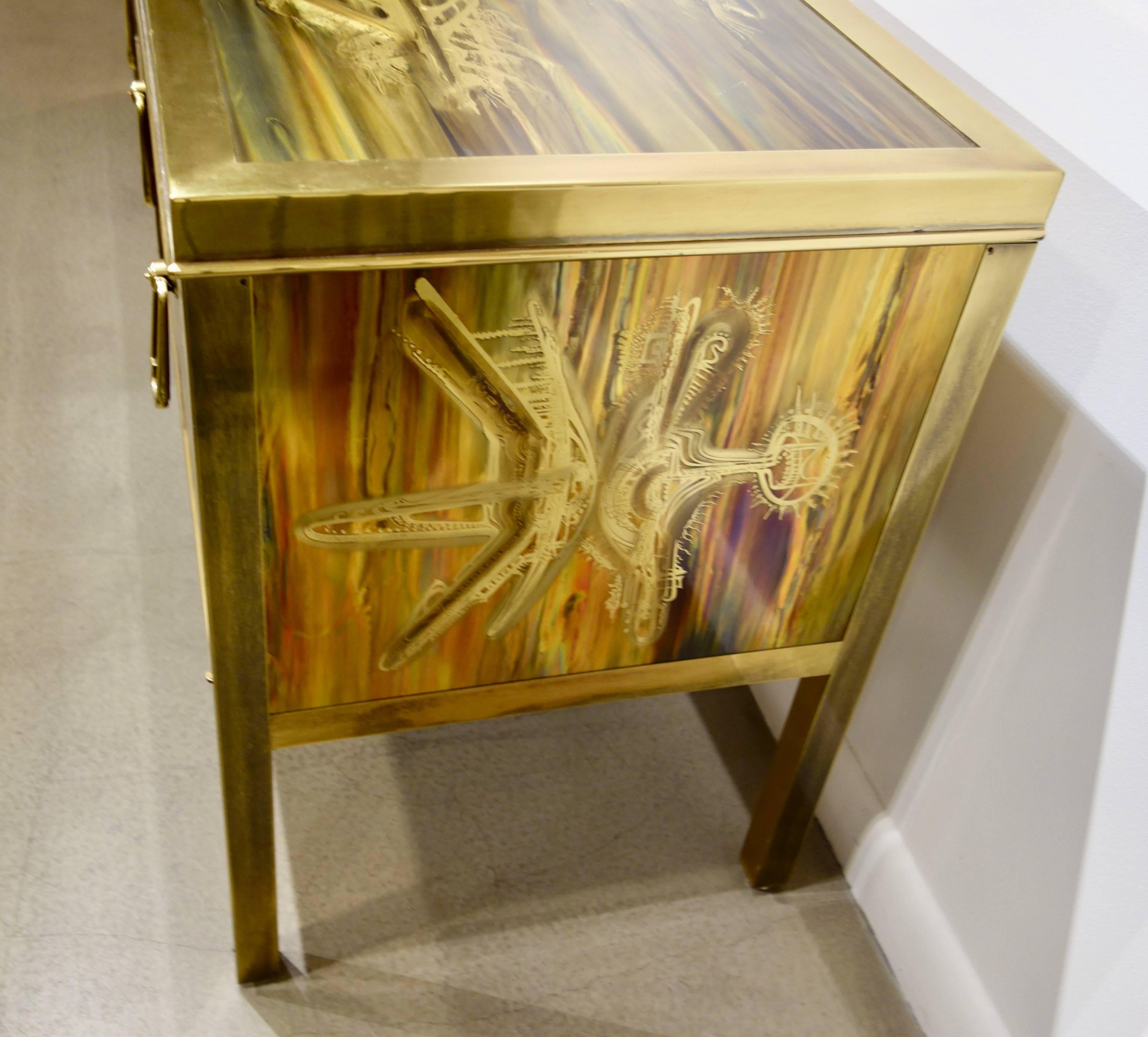 American Mastercraft Etched and Enameled Bronze Sideboard or Credenza by Bernhard Rohne