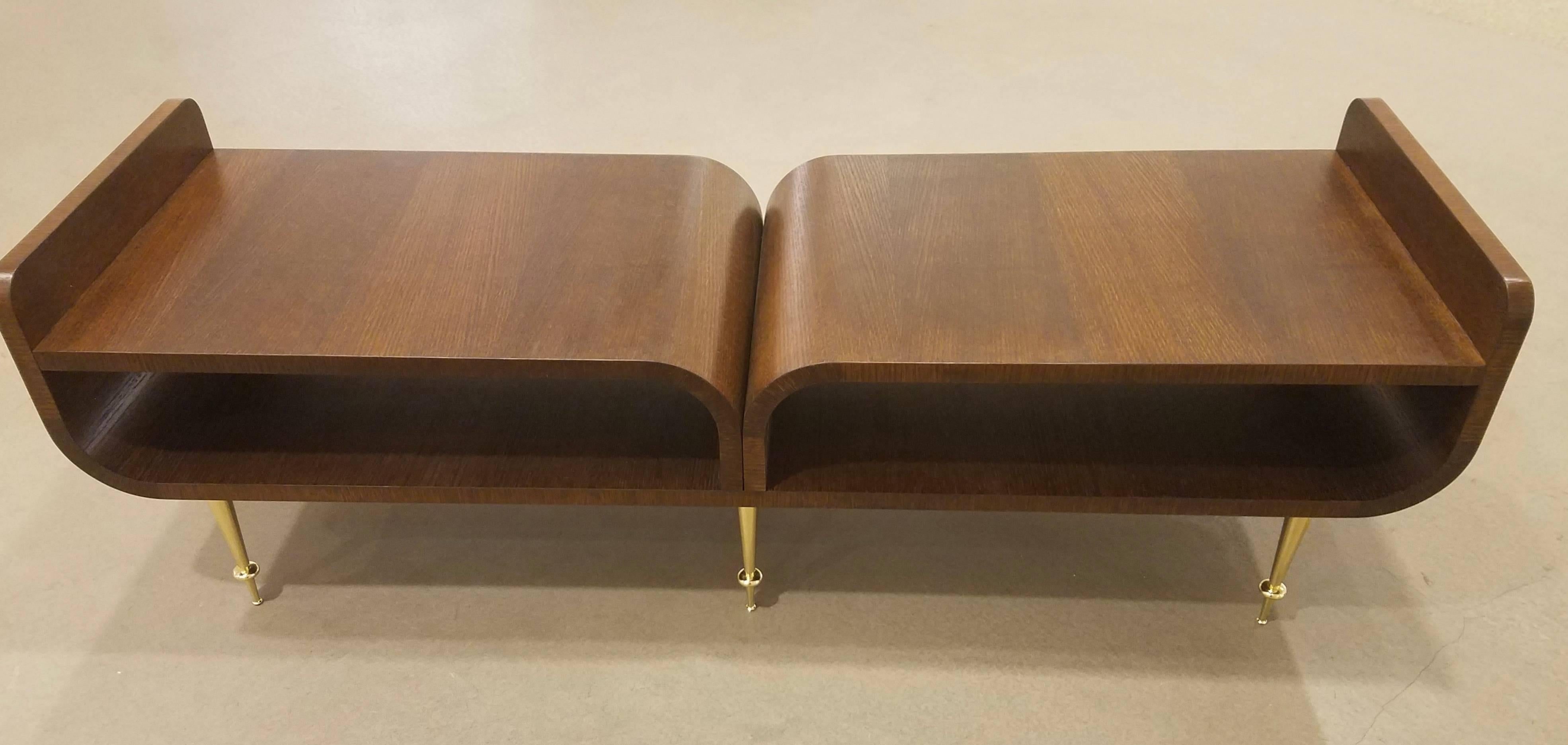 Limited Edition Italian Two-Tier Brown Wood Bench With Brass Legs In Excellent Condition For Sale In New York, NY