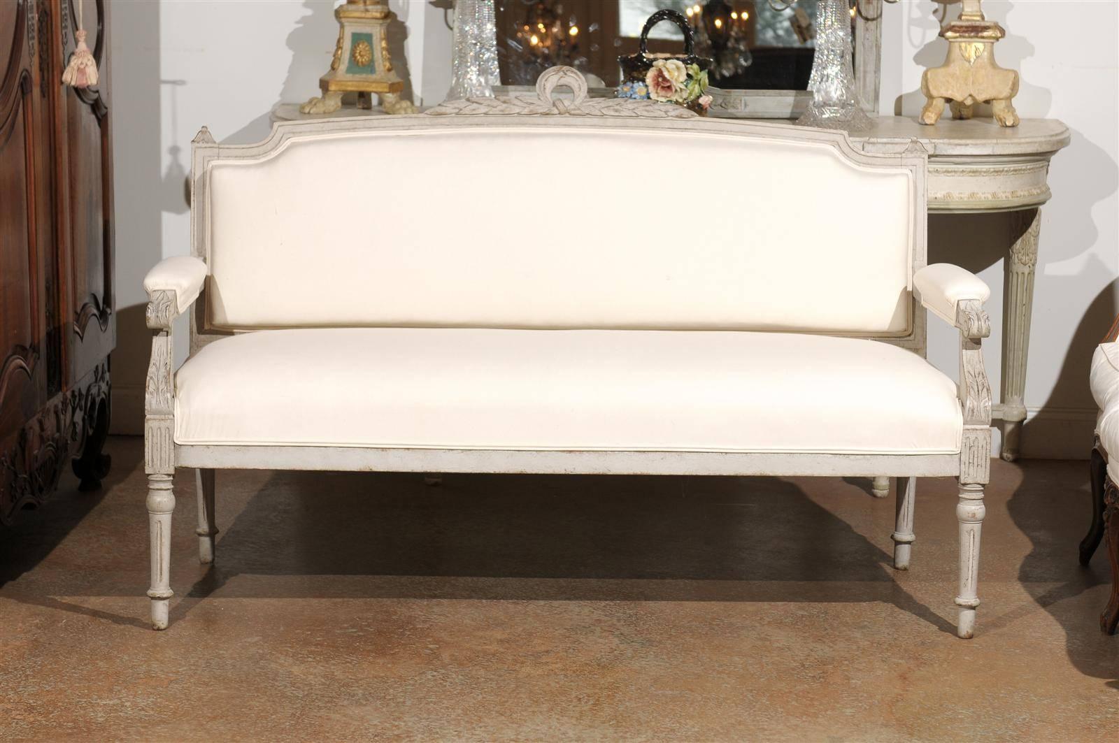 19th Century Swedish 1880s Neoclassical Style Painted Sofa with Carved Rail and Scrolled Arms