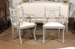 Vintage Two Swedish 1900s Lyre Back Painted Armchairs with Scrolled Arms and Saber Legs