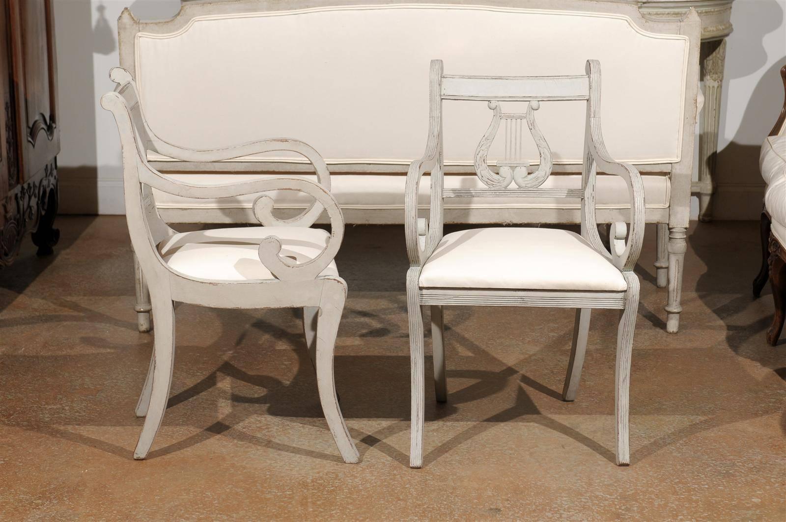 Two Swedish 1900s Lyre Back Painted Armchairs with Scrolled Arms and Saber Legs For Sale 1