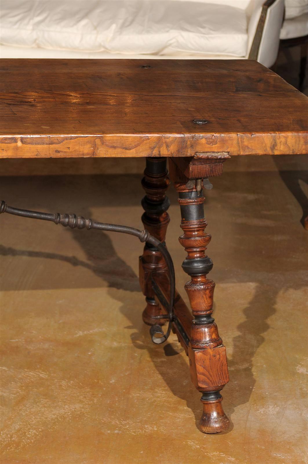 Wrought Iron Spanish 1780s Wooden Fratino Table with Wrought-Iron Stretcher and Turned Legs