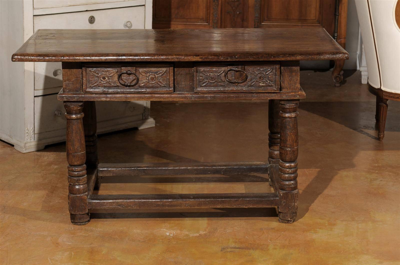 Wood French 1750s Walnut Library Table with Carved Drawers and Original Hardware For Sale