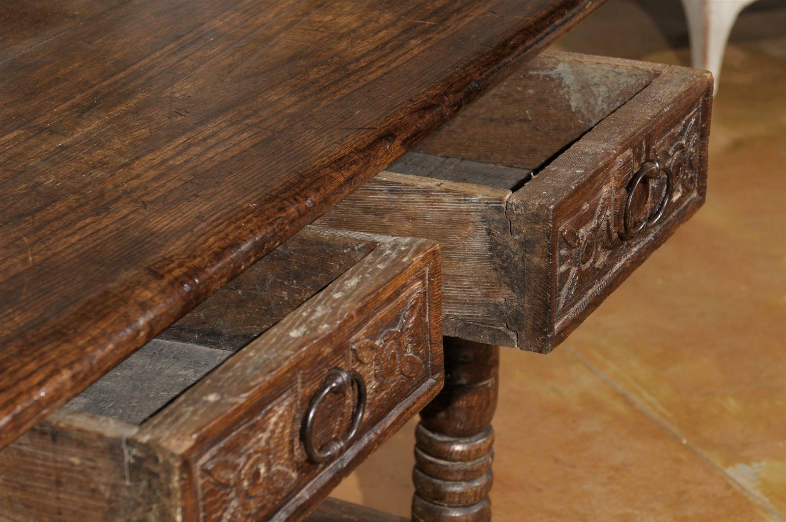 18th Century French 1750s Walnut Library Table with Carved Drawers and Original Hardware For Sale