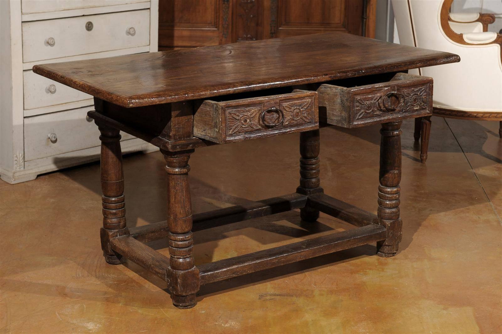 French 1750s Walnut Library Table with Carved Drawers and Original Hardware For Sale 2