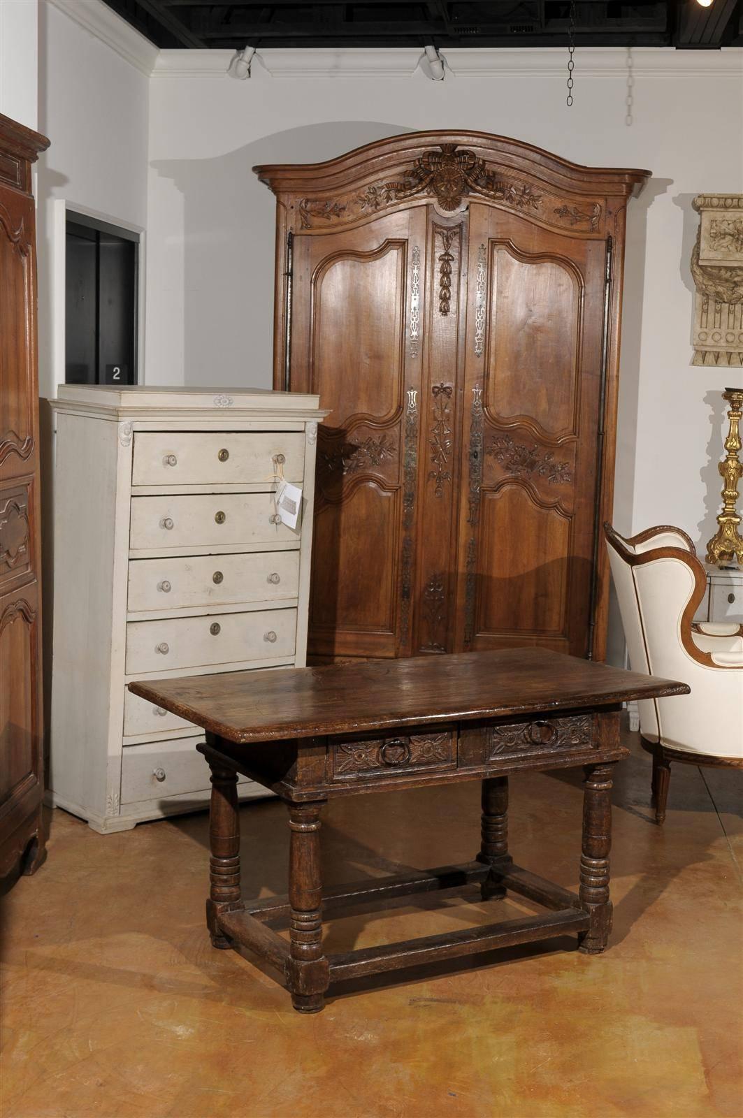 Louis XV French 1750s Walnut Library Table with Carved Drawers and Original Hardware For Sale