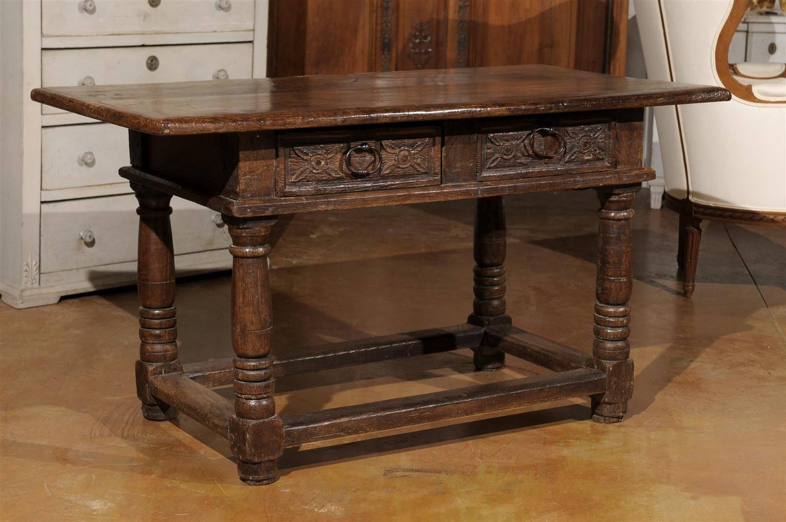 French 1750s Walnut Library Table with Carved Drawers and Original Hardware For Sale 3