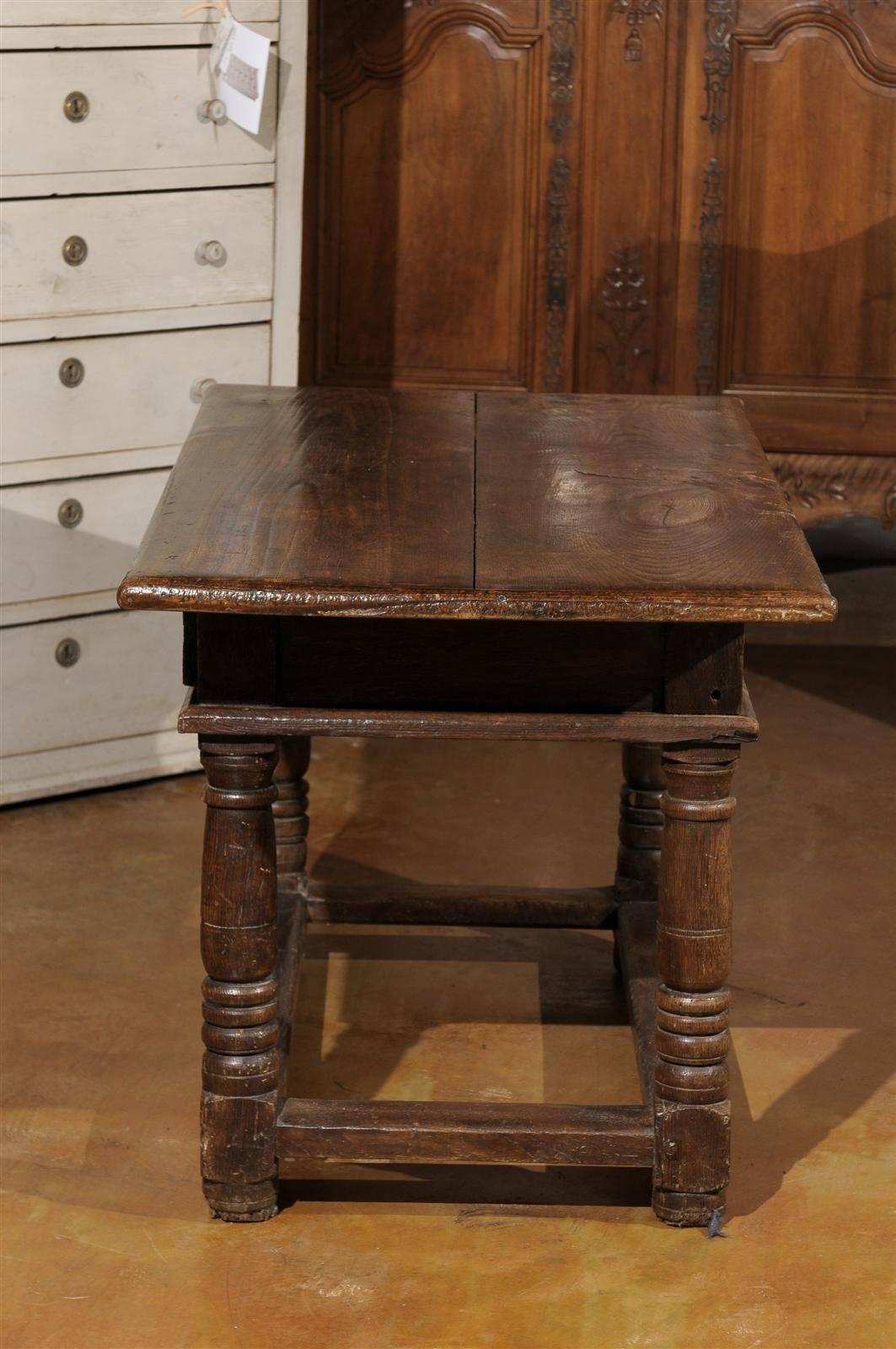 French 1750s Walnut Library Table with Carved Drawers and Original Hardware For Sale 4