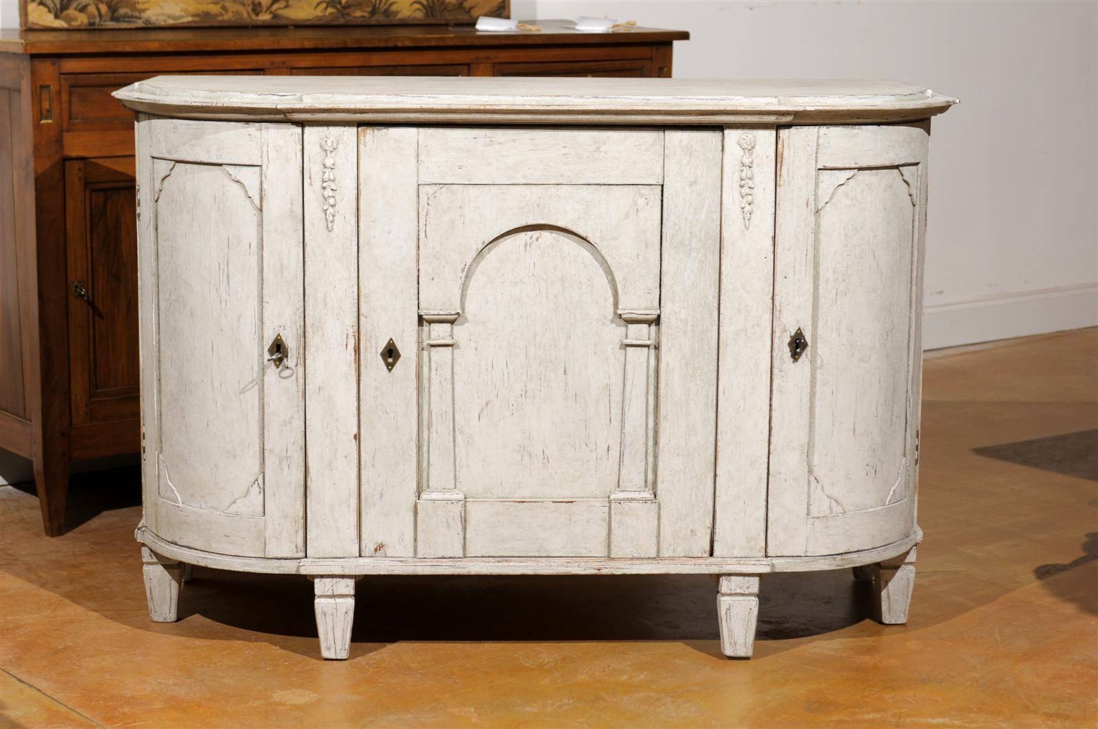 Swedish 19th century demilune painted sideboard with three doors, circa 1880.