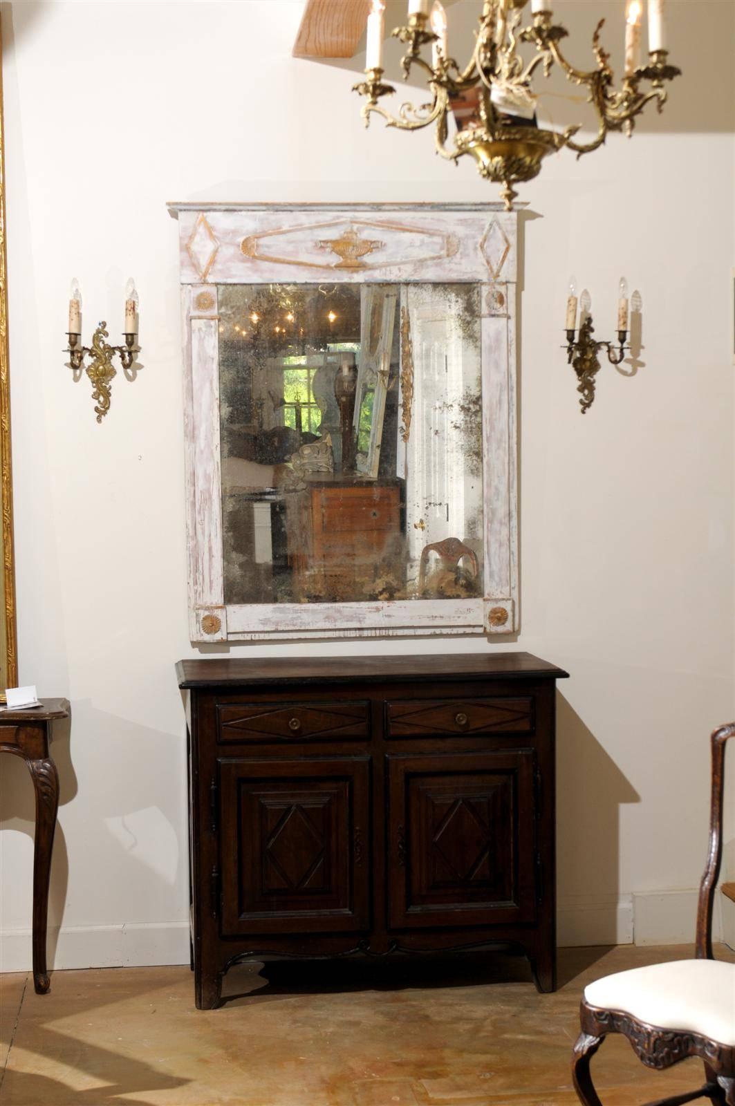 Gilt French Period Directoire Trumeau Mirror with Distressed Paint, Late 18th Century For Sale