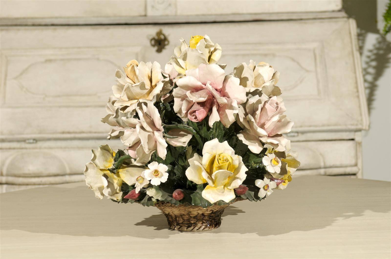 A French hand-crafted and painted majolica barbotine bouquet of flowers from the second half of the 19th century. This French barbotine decorative bouquet was born in the later years of the Reign of Emperor Napoleon III, at a time when France lost