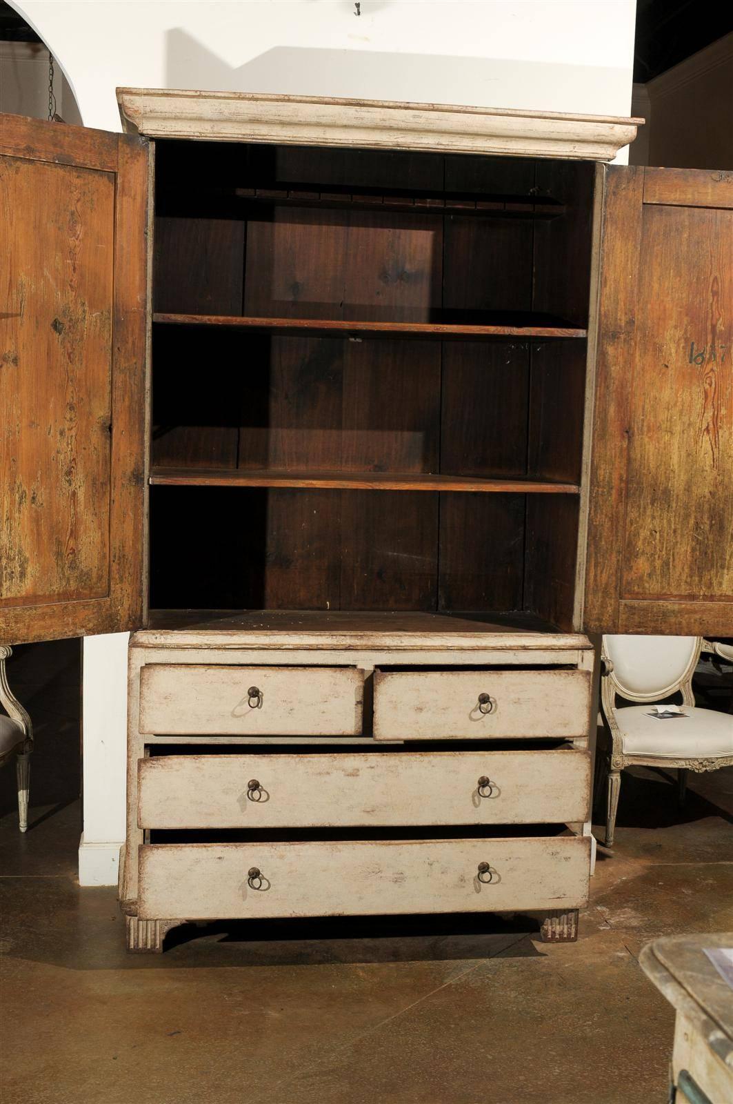 Swedish 1857 Painted Wood Linen Press with Reeded Doors and Four Drawers In Good Condition In Atlanta, GA