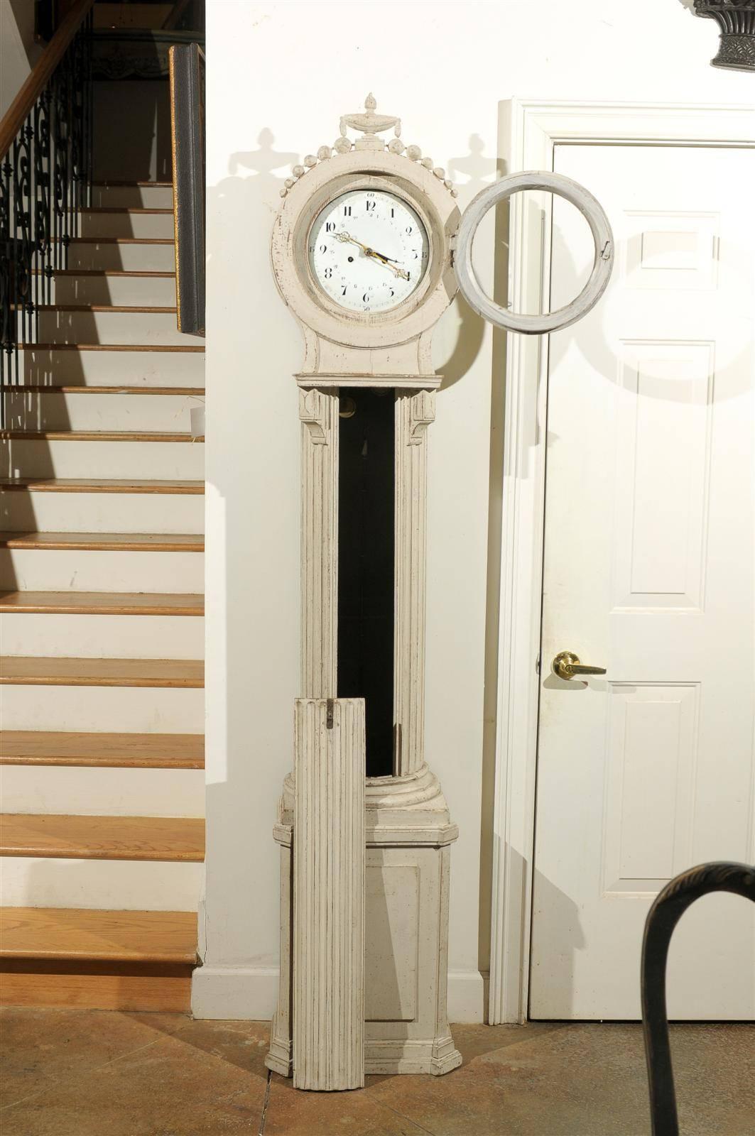 Swedish 1850s Tall Case Column Clock with Original Paint and Carved Crest 1