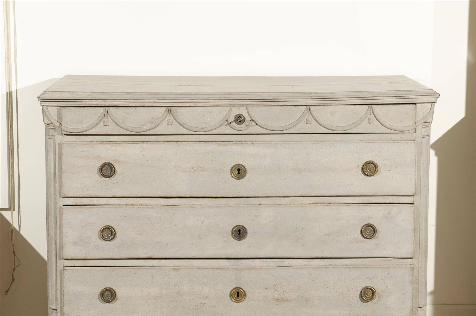 19th Century Swedish 1820s Neoclassical Painted Five-Drawer Commode with Carved Swag Motifs