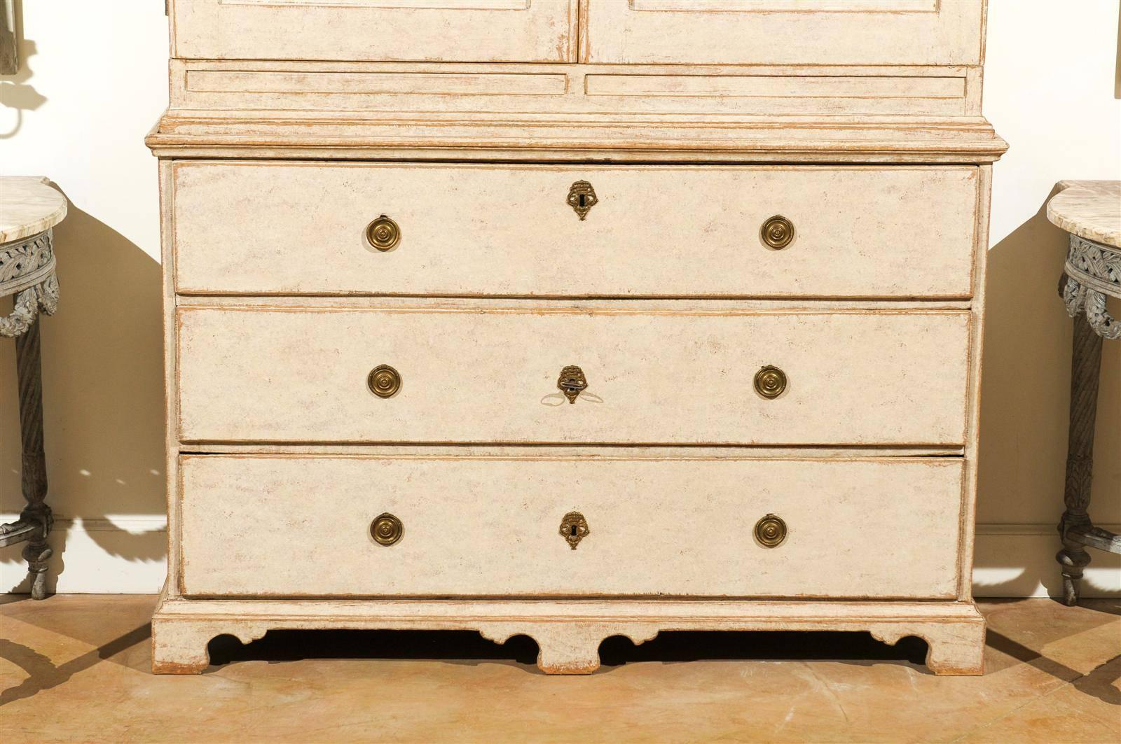 Swedish Mid 18th Century Period Rococo Painted Cabinet with Doors over Drawers 2