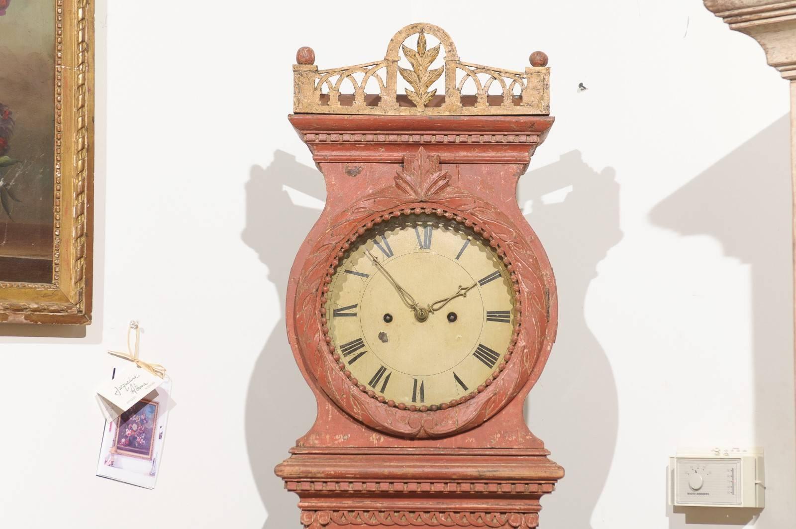 Carved Swedish 1810s Neoclassical Tall Case Clock with Original Painted Finish and Swag