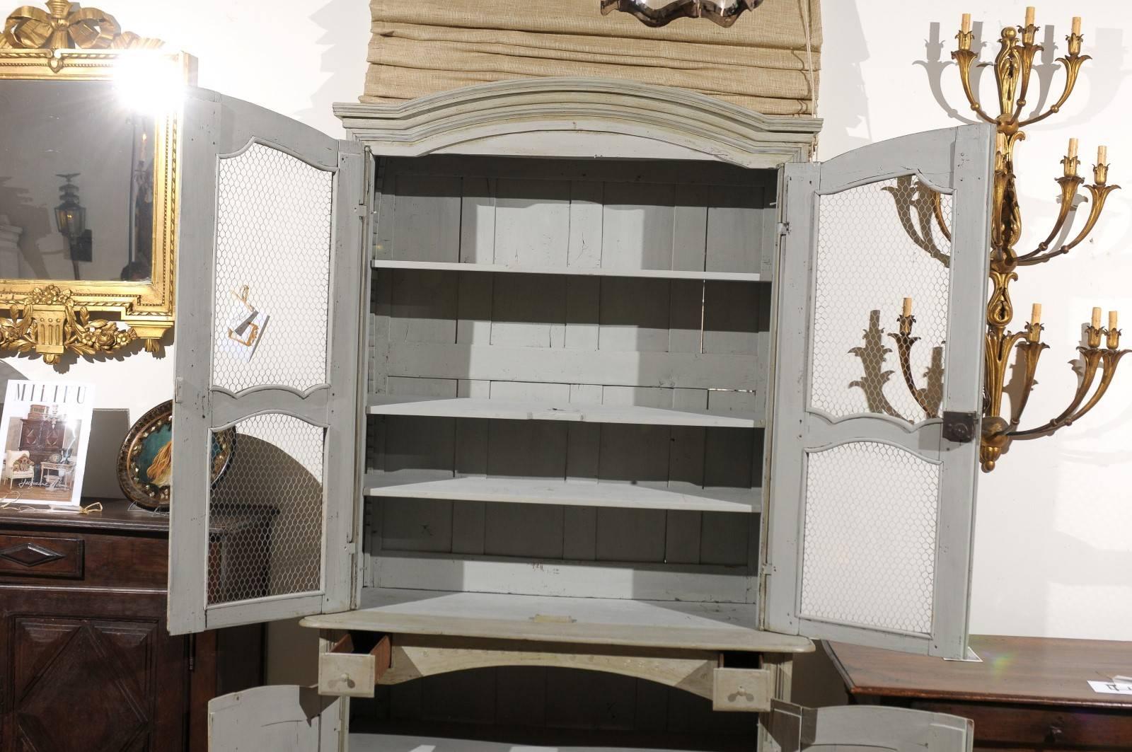 French Painted Wood Buffet à Deux-Corps with Chicken Wire Doors, circa 1750  1