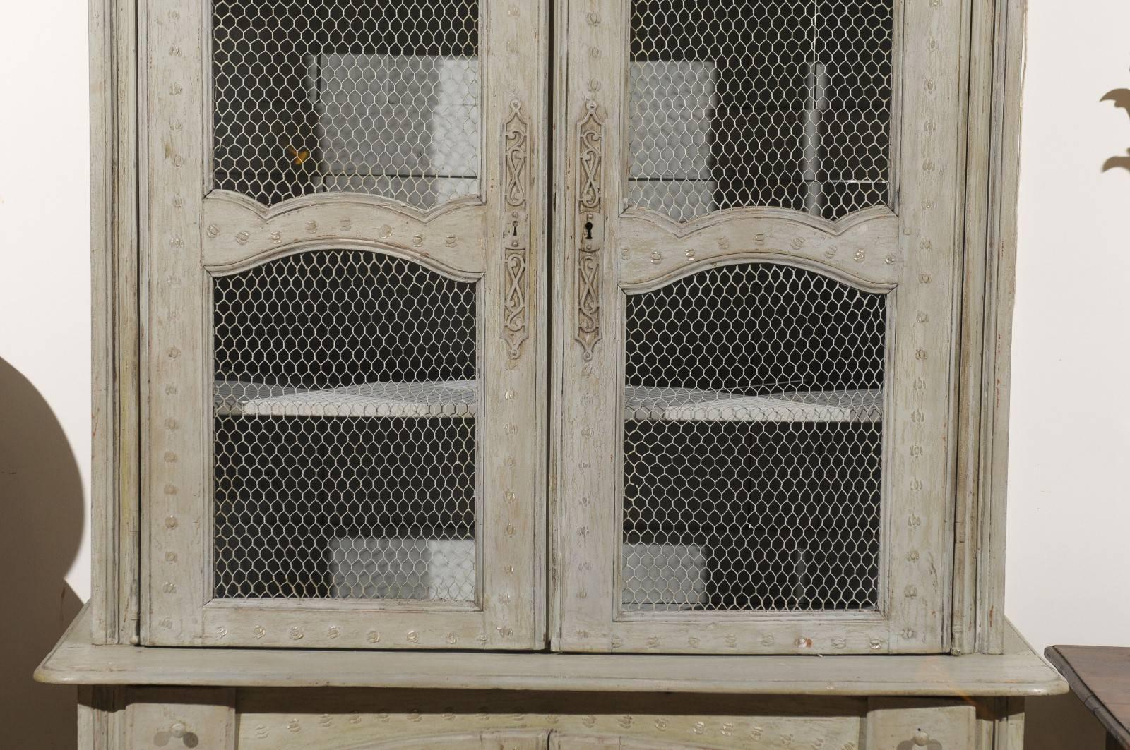 French Painted Wood Buffet à Deux-Corps with Chicken Wire Doors, circa 1750  5