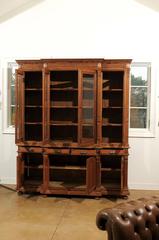 French Pitch Pine Glass Doors Breakfront Bookcase from the Turn of the Century