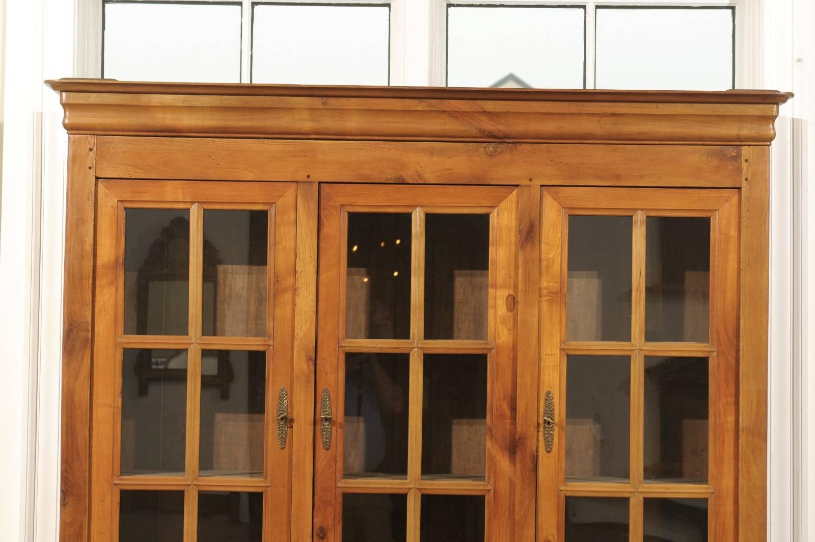 20th Century French 1900s Cherry Wood Two Part Cabinet with Inset Glass Doors and Drawers