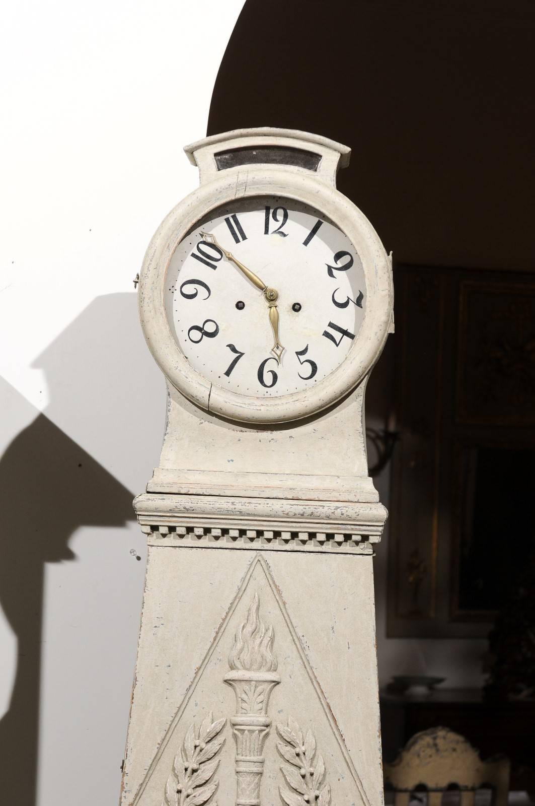 Swedish 1850sNeoclassical Style Painted Tall Case Clock with Laurel Wreath Motif In Good Condition In Atlanta, GA