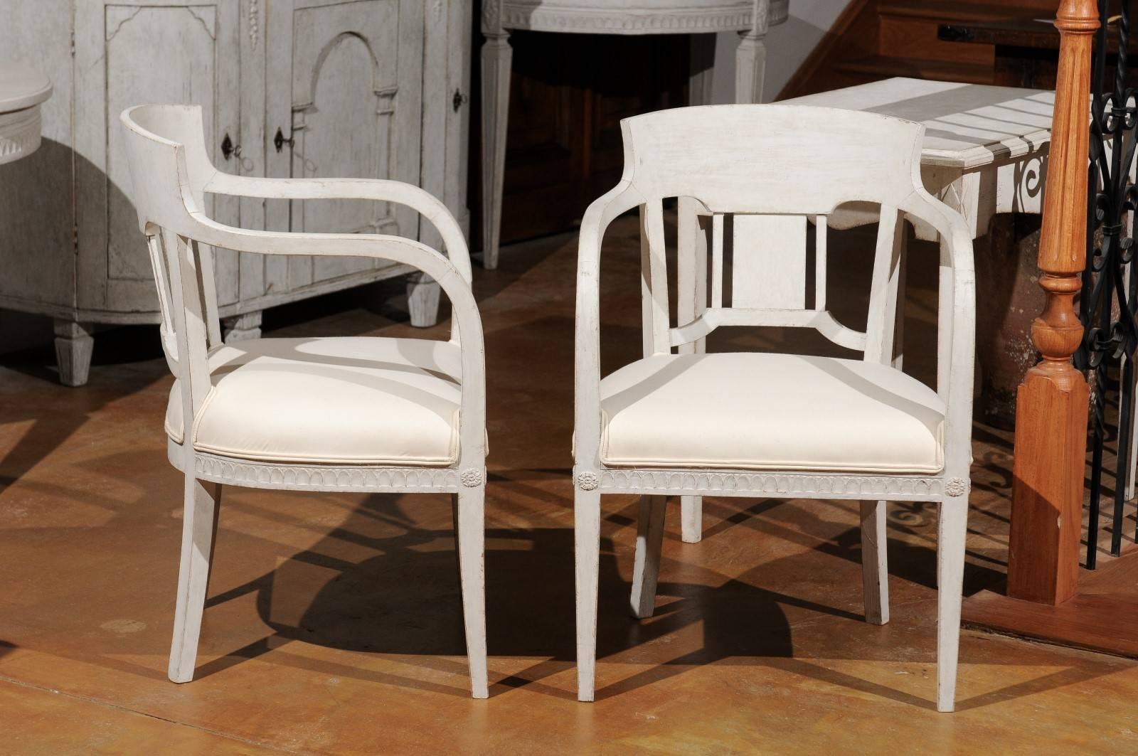 Pair of 1870s Swedish Painted Wood Neoclassical Style Upholstered Armchairs For Sale 5