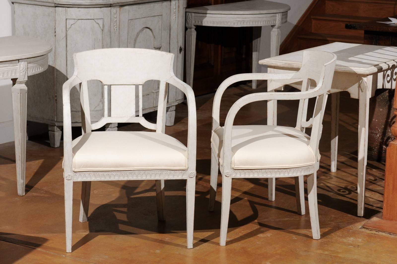 Pair of 1870s Swedish Painted Wood Neoclassical Style Upholstered Armchairs For Sale 6