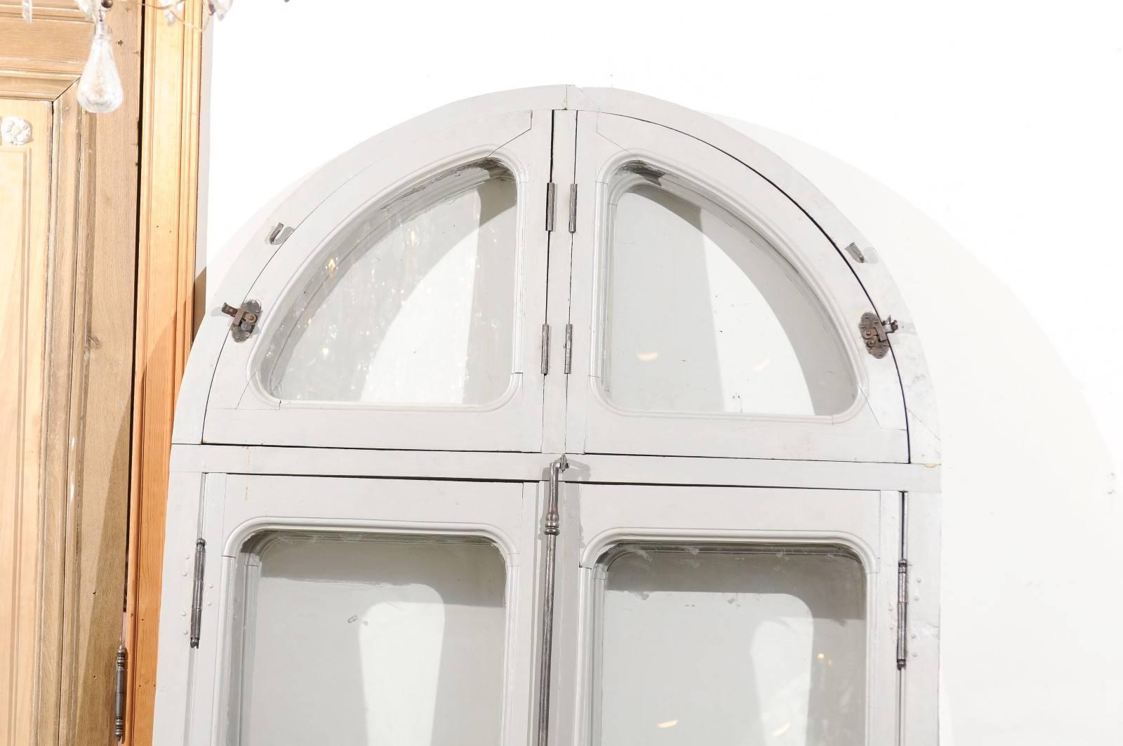 Painted French Arched Window from an Orangerie with Original Soft Grey Paint, circa 1850