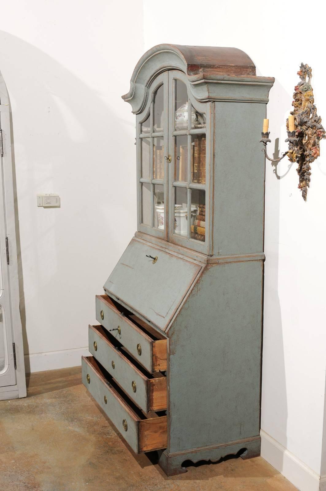 Swedish 1890s Rococo Style Painted Wood Tall Secretary with Glass Doors Cabinet In Good Condition In Atlanta, GA