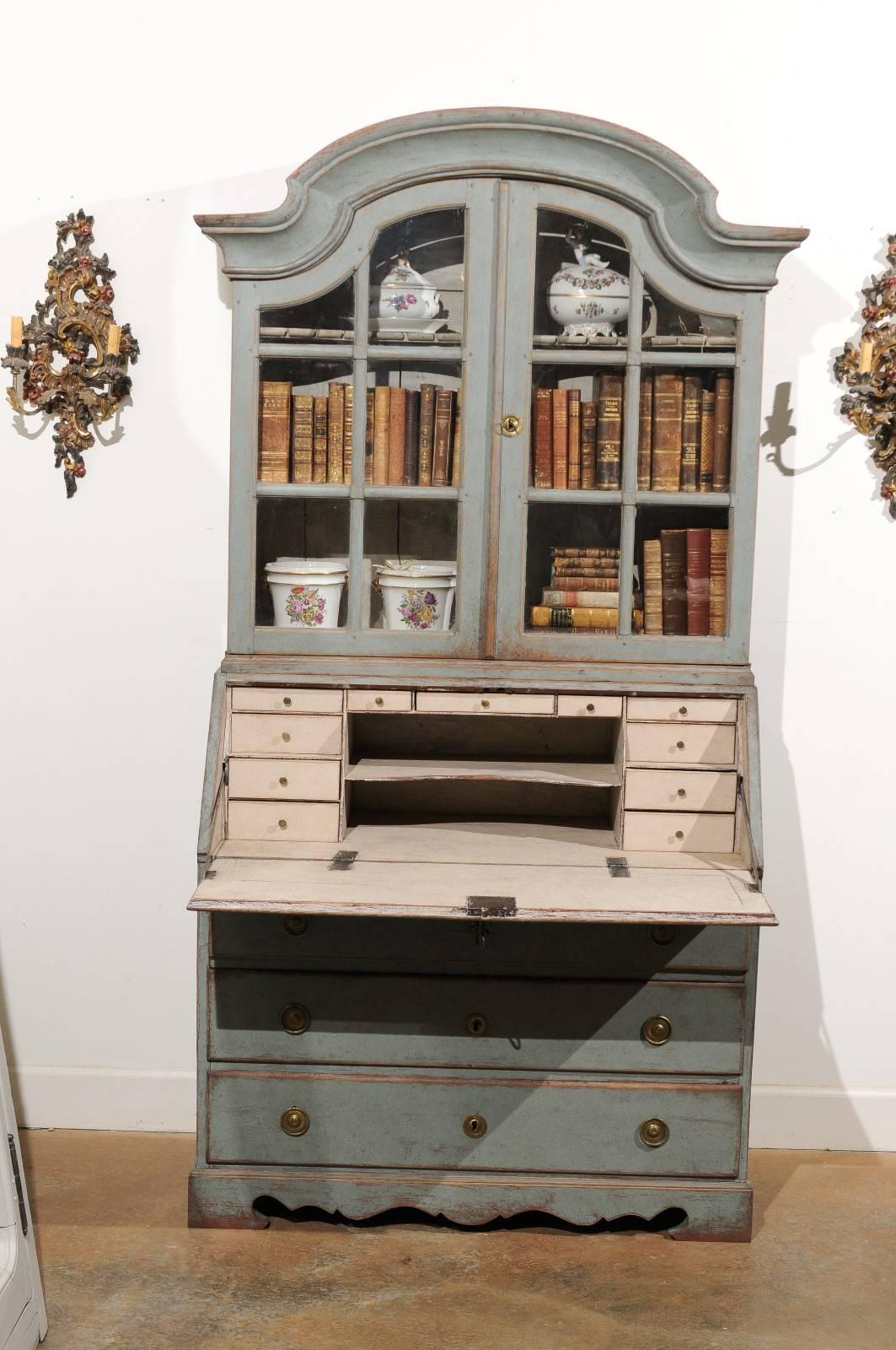 19th Century Swedish 1890s Rococo Style Painted Wood Tall Secretary with Glass Doors Cabinet