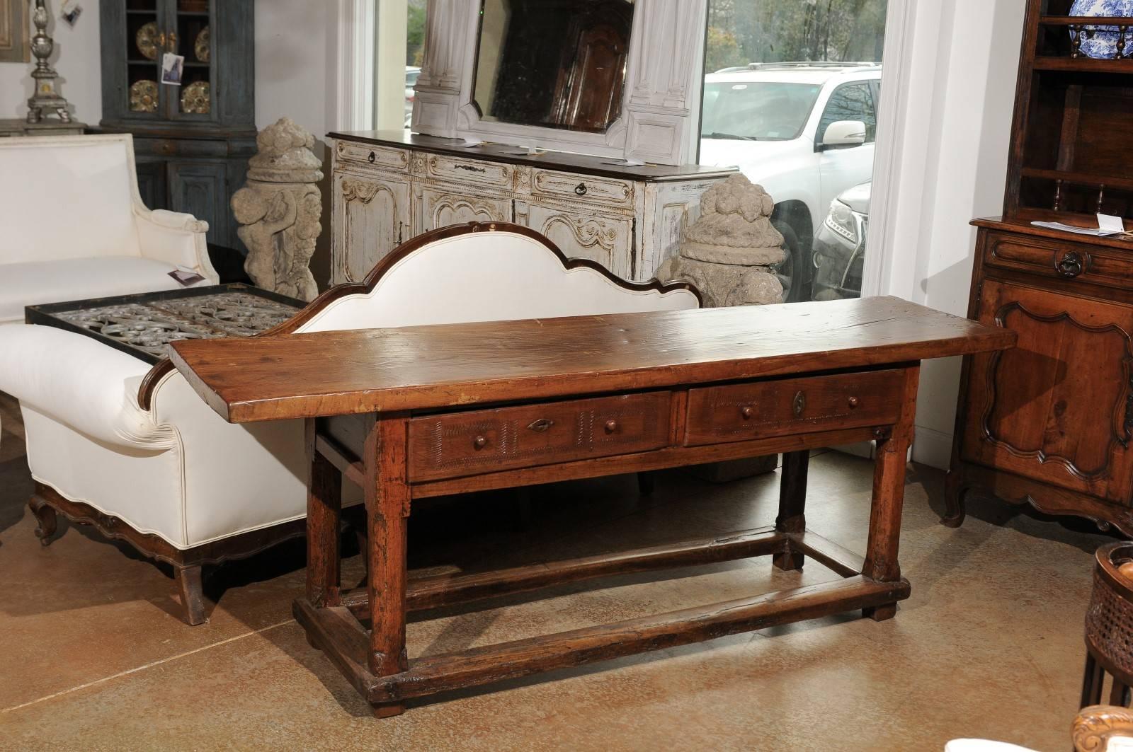 French Mid 17th Century Cherry Sofa Table with Single Plank Top and Two Drawers In Good Condition In Atlanta, GA