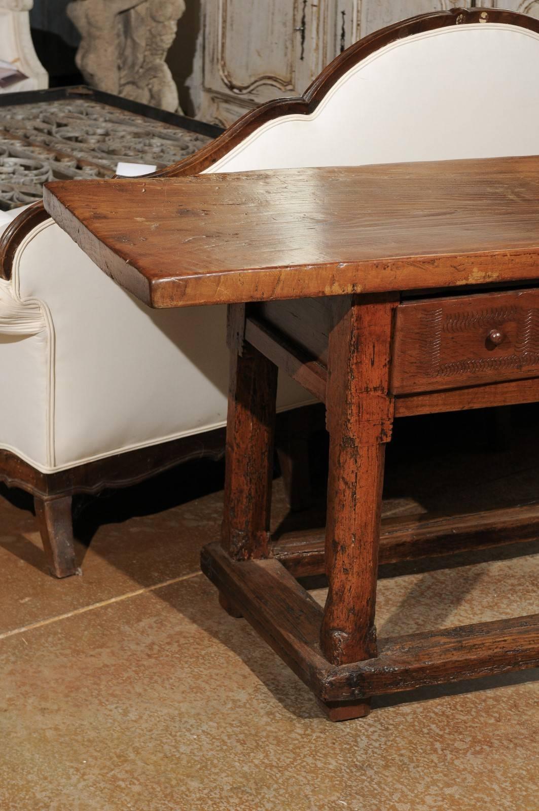 French Mid 17th Century Cherry Sofa Table with Single Plank Top and Two Drawers 1