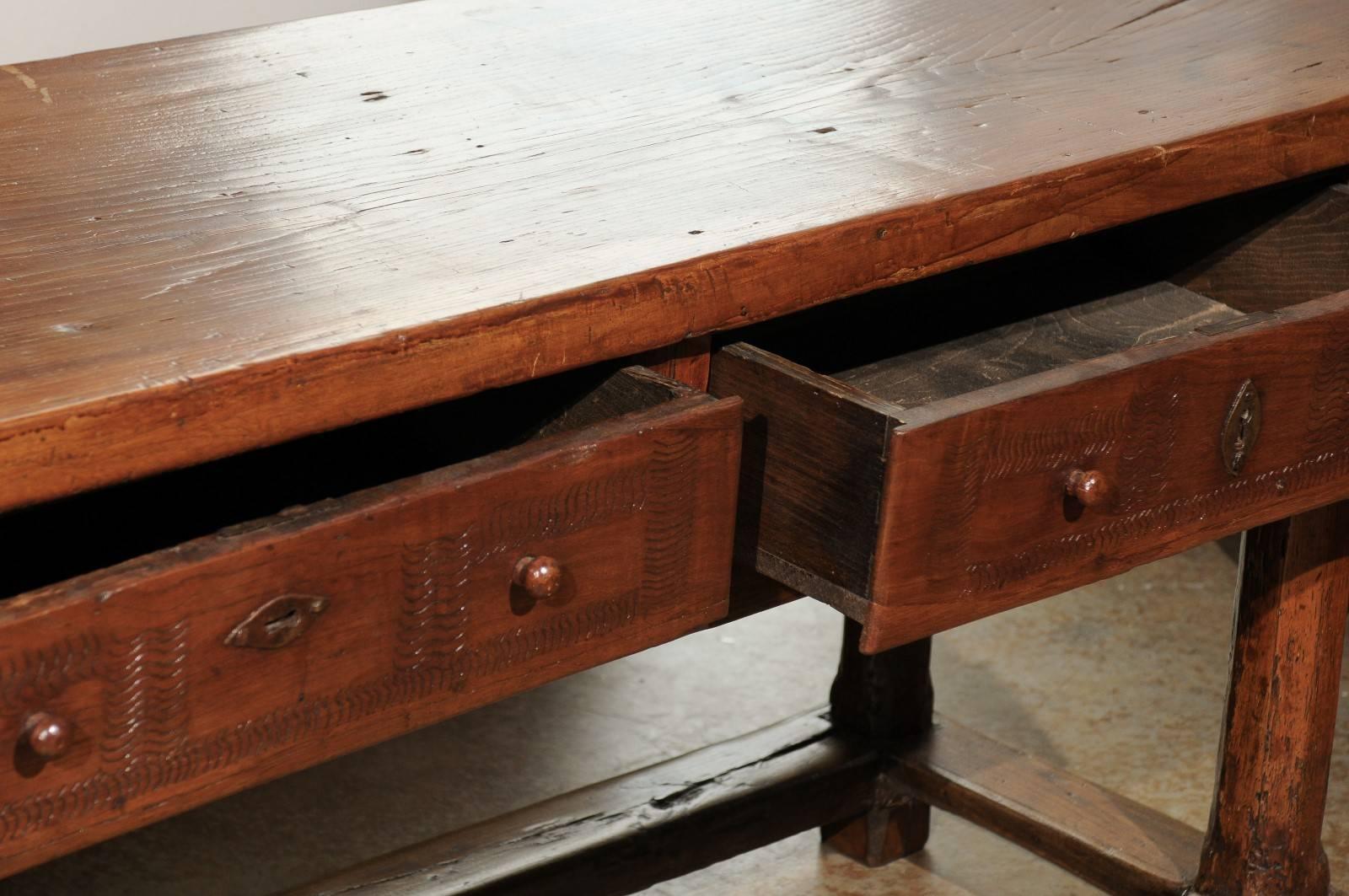 French Mid 17th Century Cherry Sofa Table with Single Plank Top and Two Drawers 2