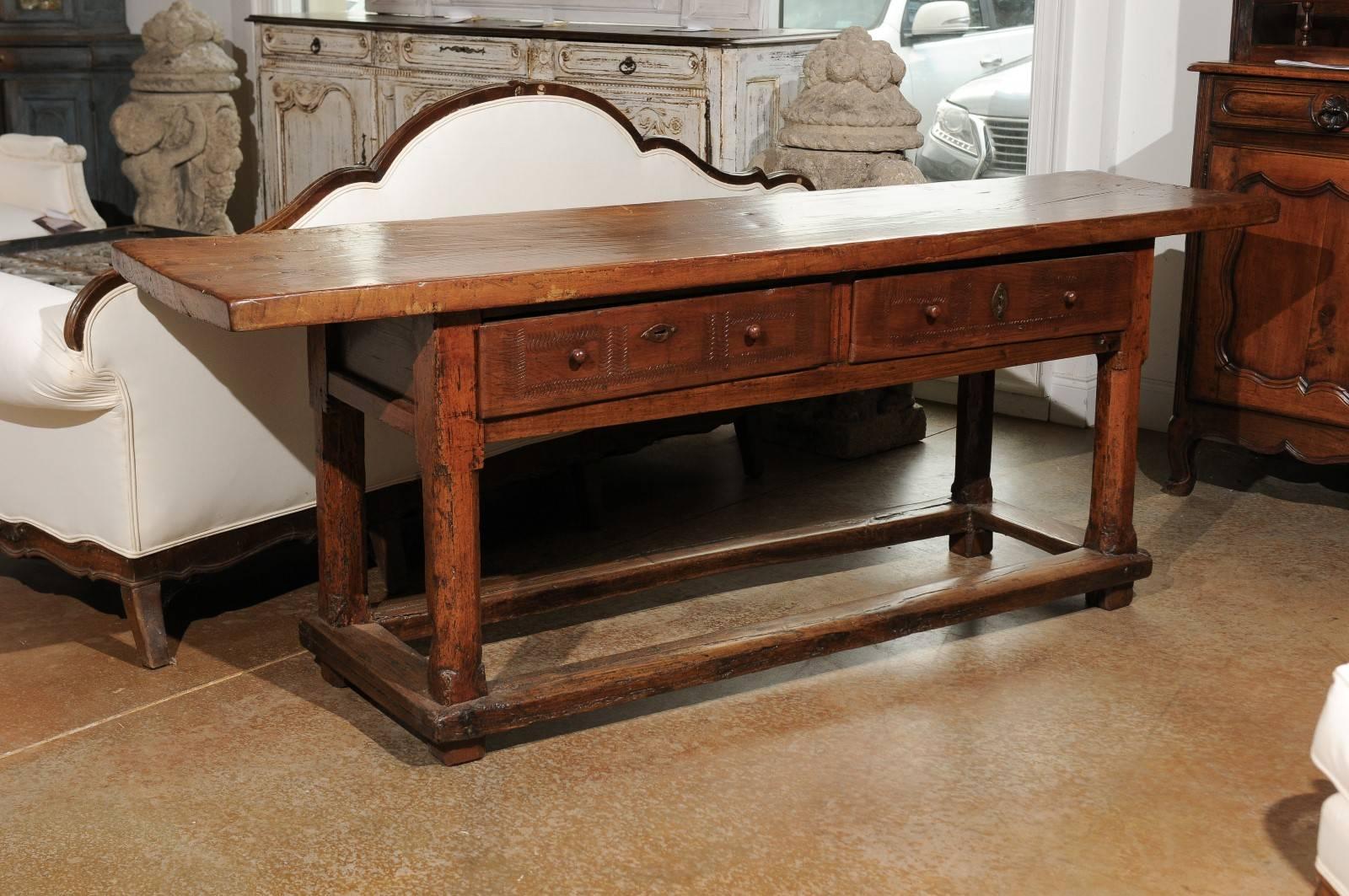 French Mid 17th Century Cherry Sofa Table with Single Plank Top and Two Drawers 3