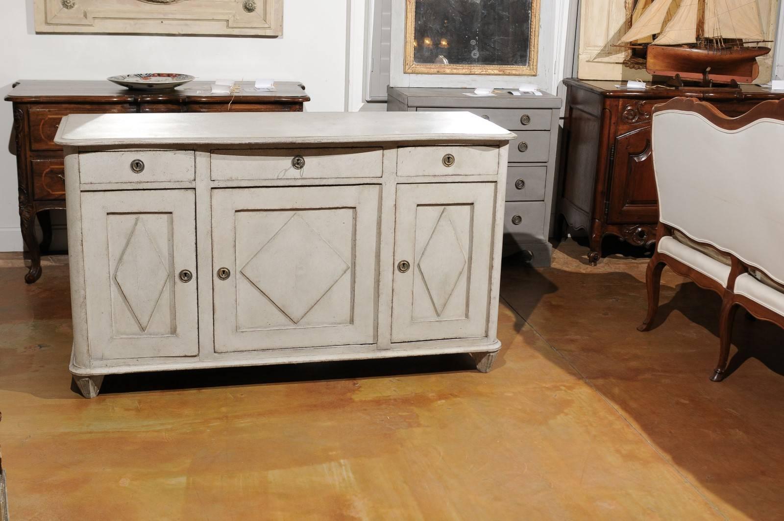 19th Century Swedish Light Grey Gustavian Style 1850s Enfilade with Doors and Drawers