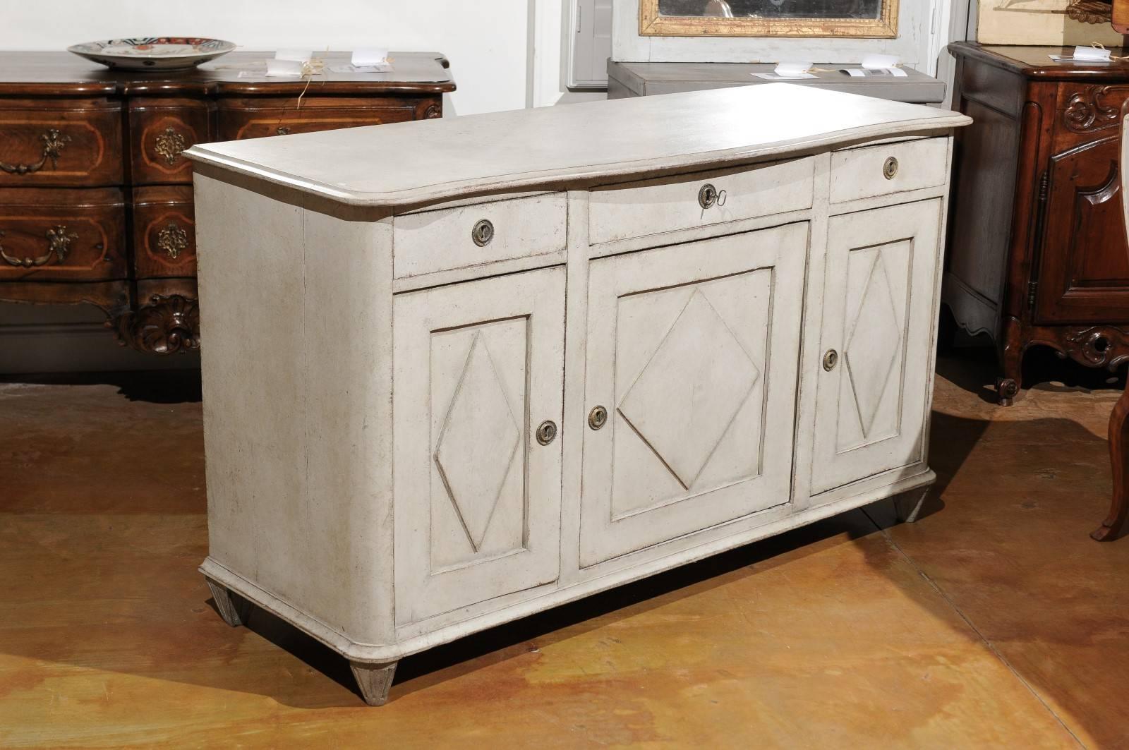 Painted Swedish Light Grey Gustavian Style 1850s Enfilade with Doors and Drawers