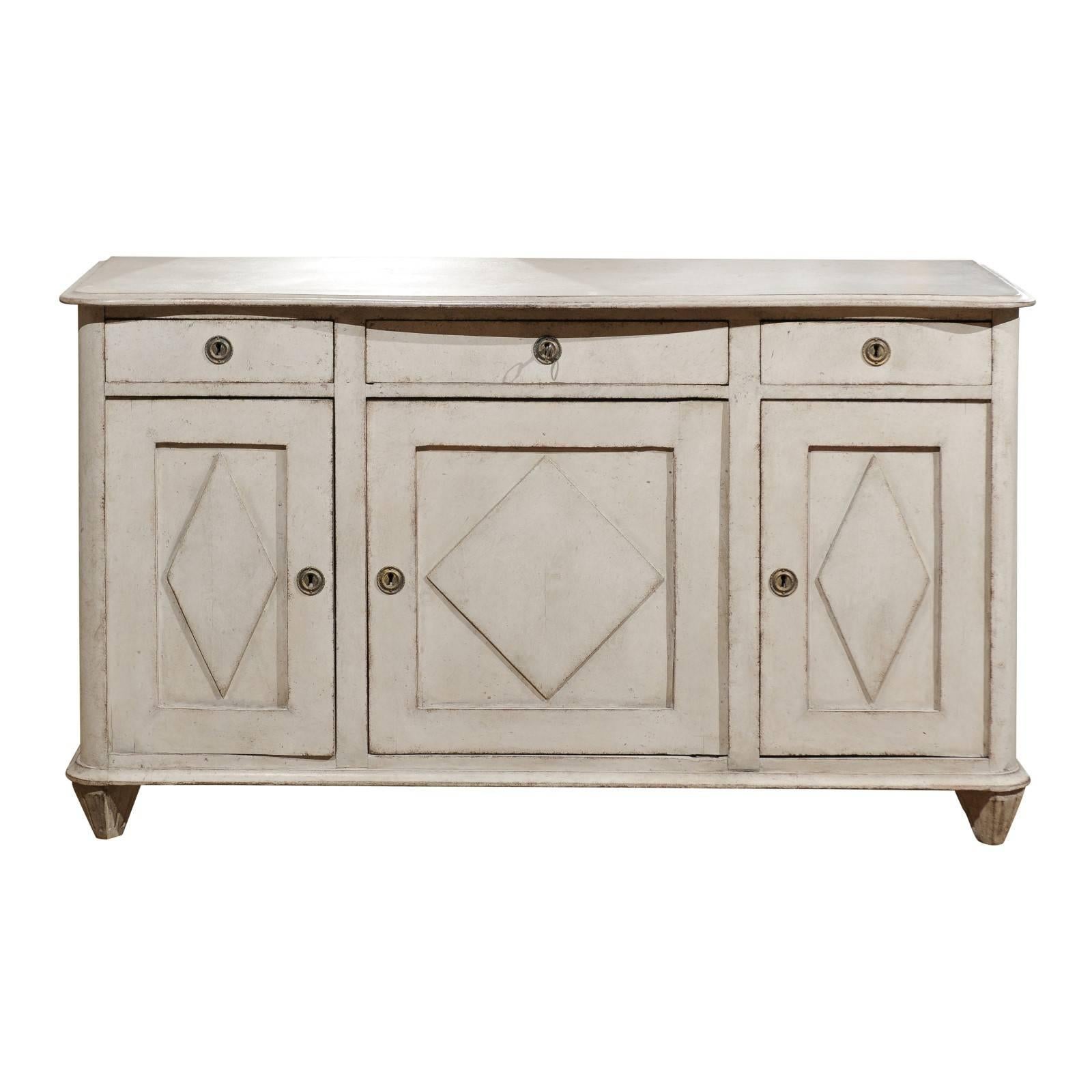 Swedish Light Grey Gustavian Style 1850s Enfilade with Doors and Drawers