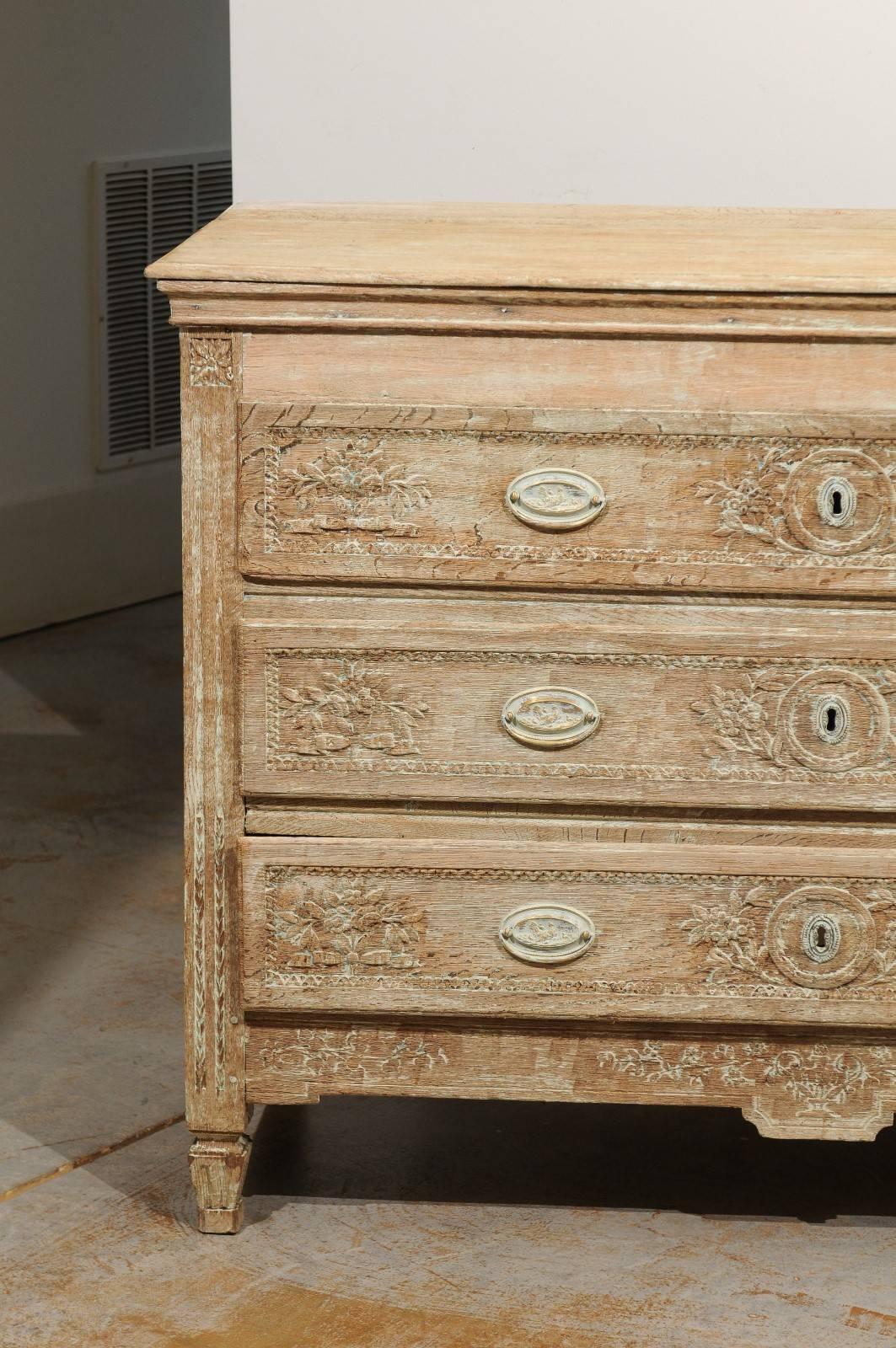 French Louis XVI Period Bleached Oak Commode with Floral Décor, circa 1790 3