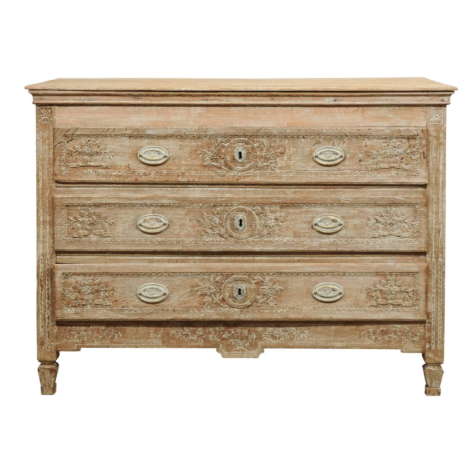 French Louis XVI Period Bleached Oak Commode with Floral Décor, circa 1790