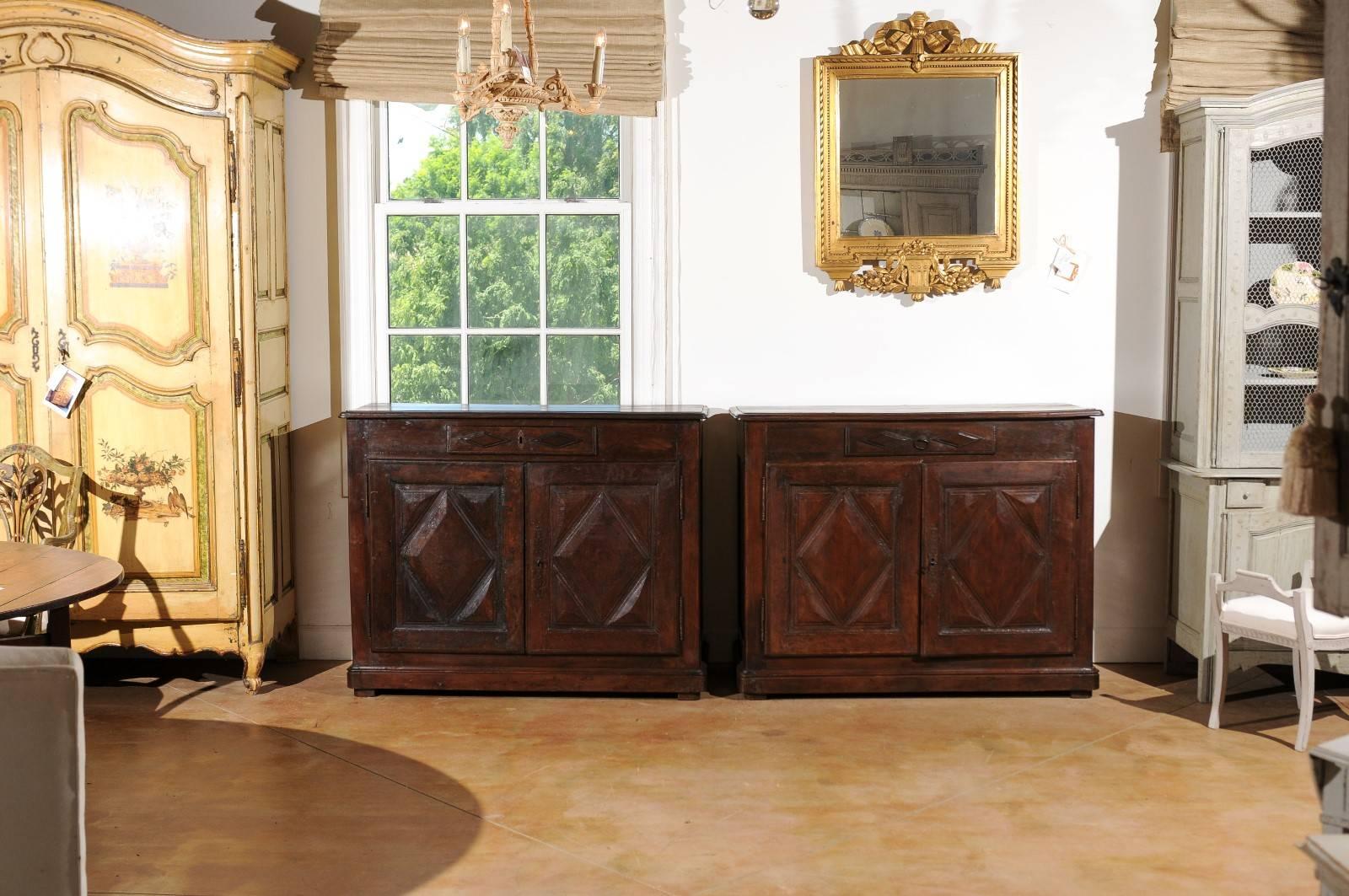 Pair of French 18th Century Walnut Buffets with Single Drawer and Diamond Motifs In Good Condition In Atlanta, GA