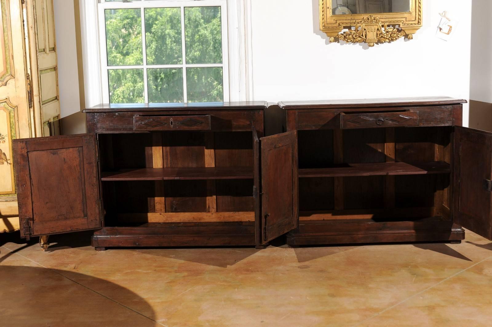 Pair of French 18th Century Walnut Buffets with Single Drawer and Diamond Motifs 1